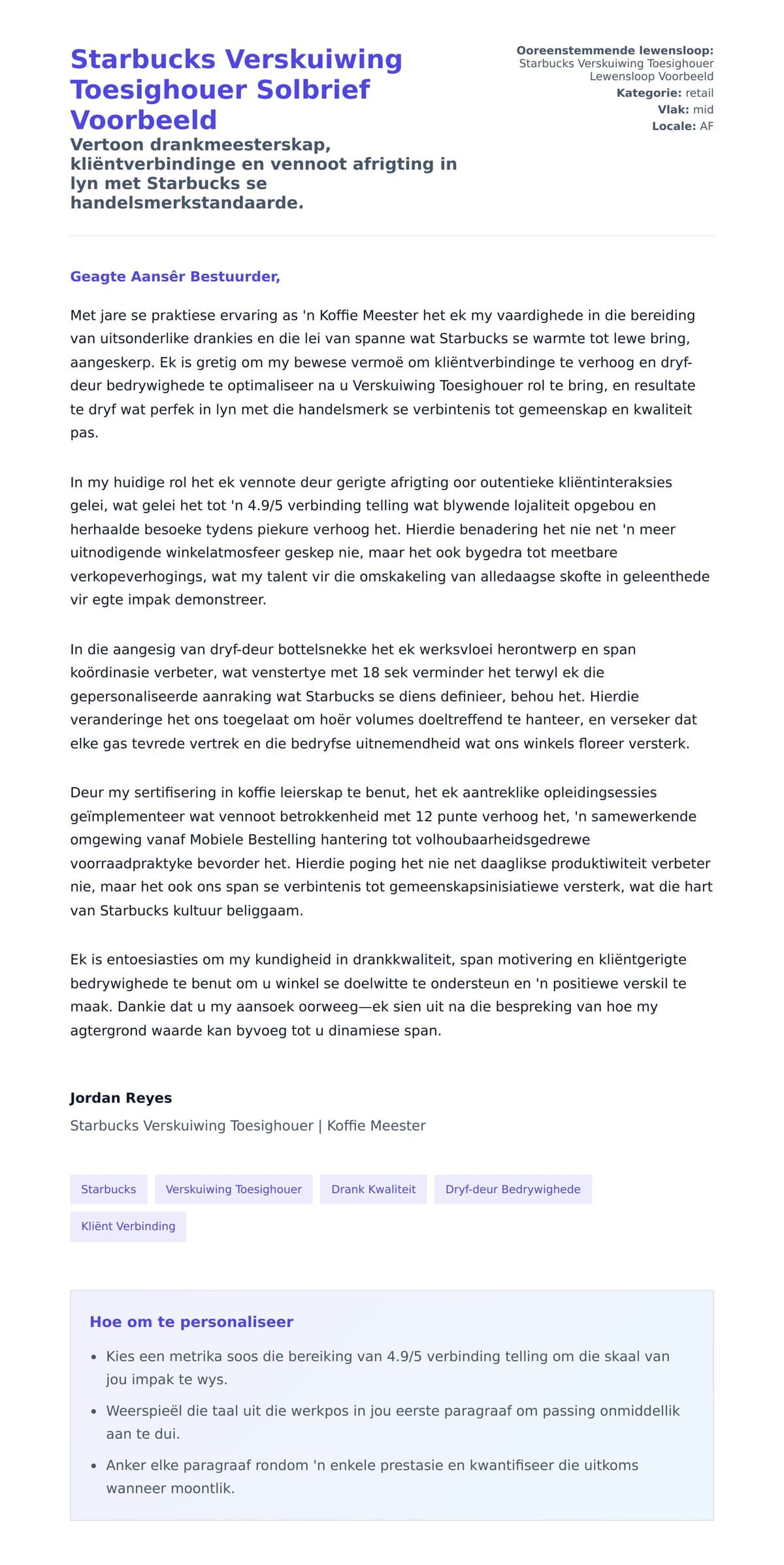 Solbrief-voorskou vir Starbucks Verskuiwing Toesighouer Solbrief Voorbeeld