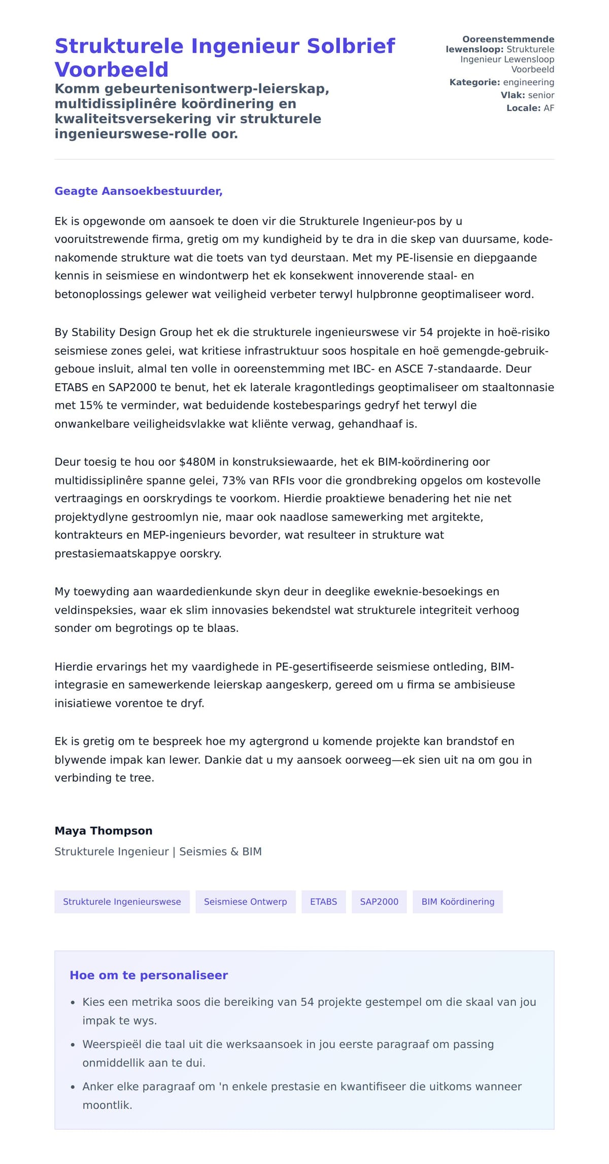 Solbrief-voorskou vir Strukturele Ingenieur Solbrief Voorbeeld