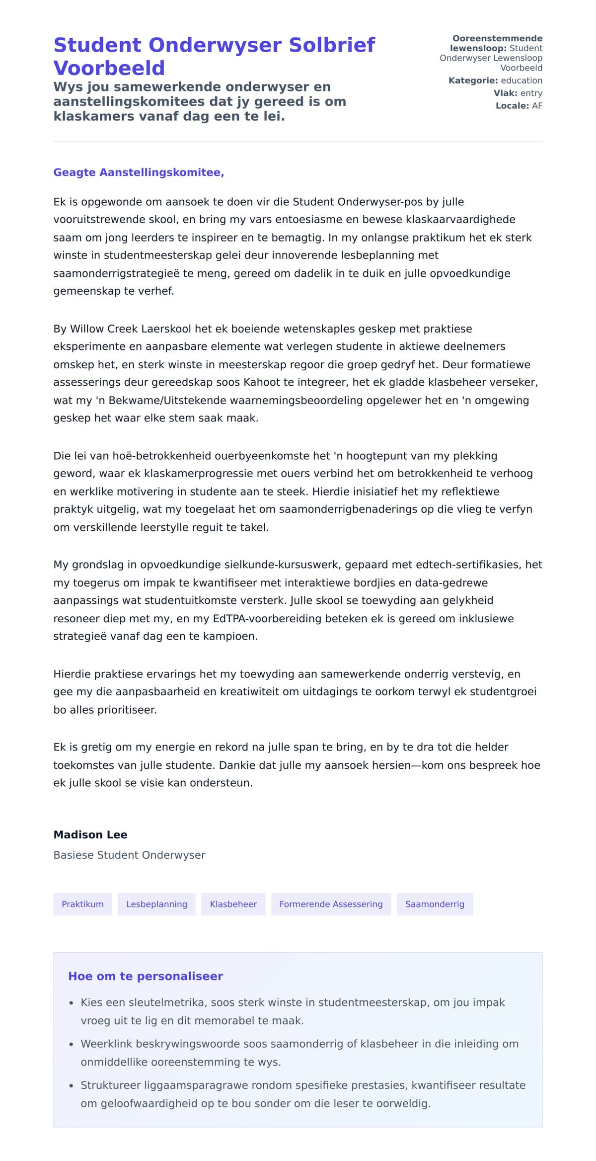 Solbrief-voorskou vir Student Onderwyser Solbrief Voorbeeld