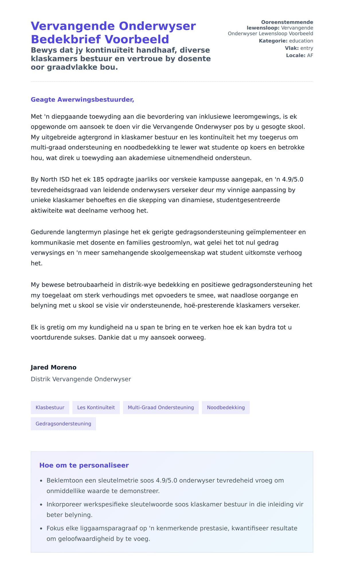 Solbrief-voorskou vir Vervangende Onderwyser Bedekbrief Voorbeeld