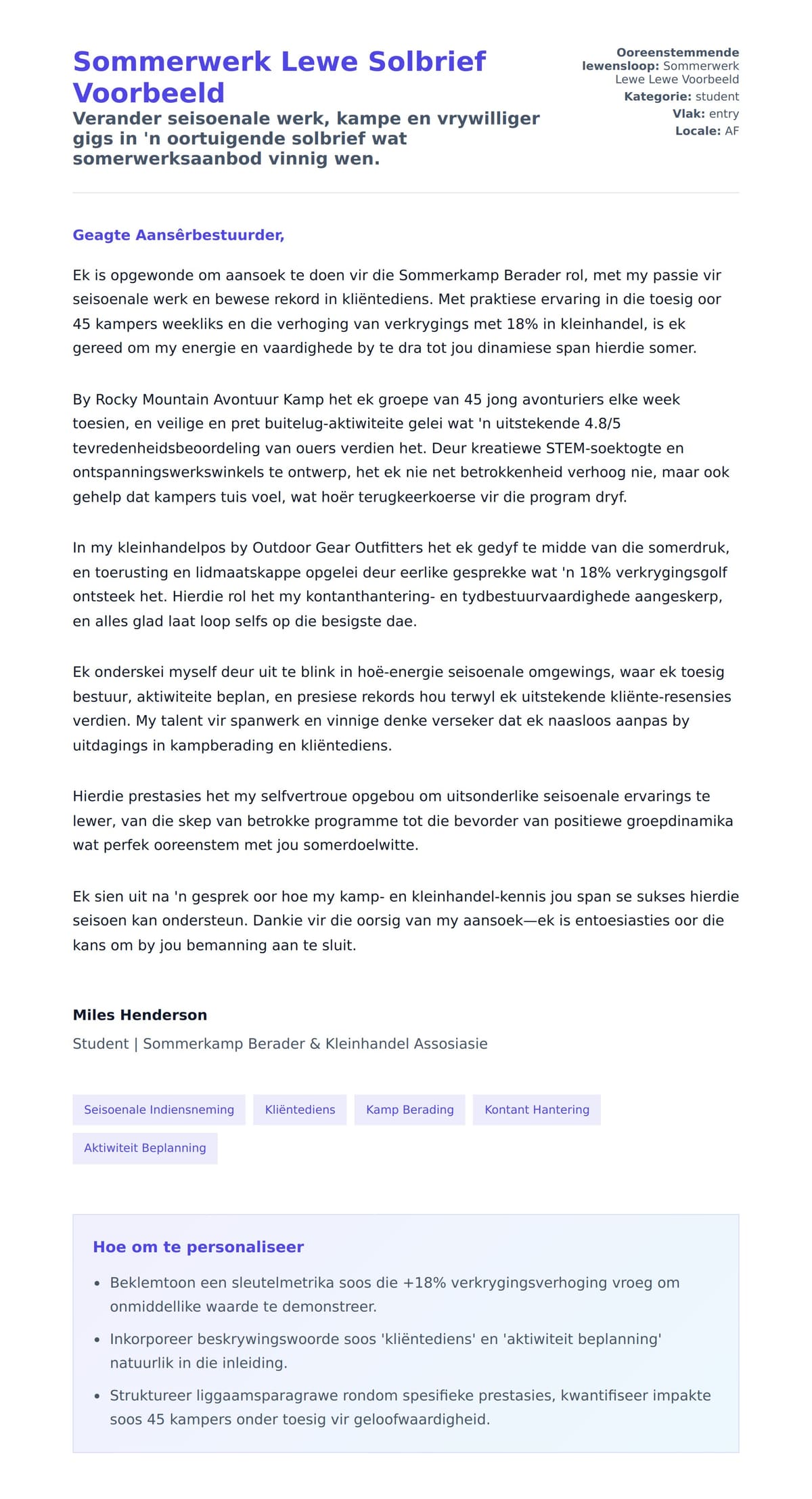 Solbrief-voorskou vir Sommerwerk Lewe Solbrief Voorbeeld