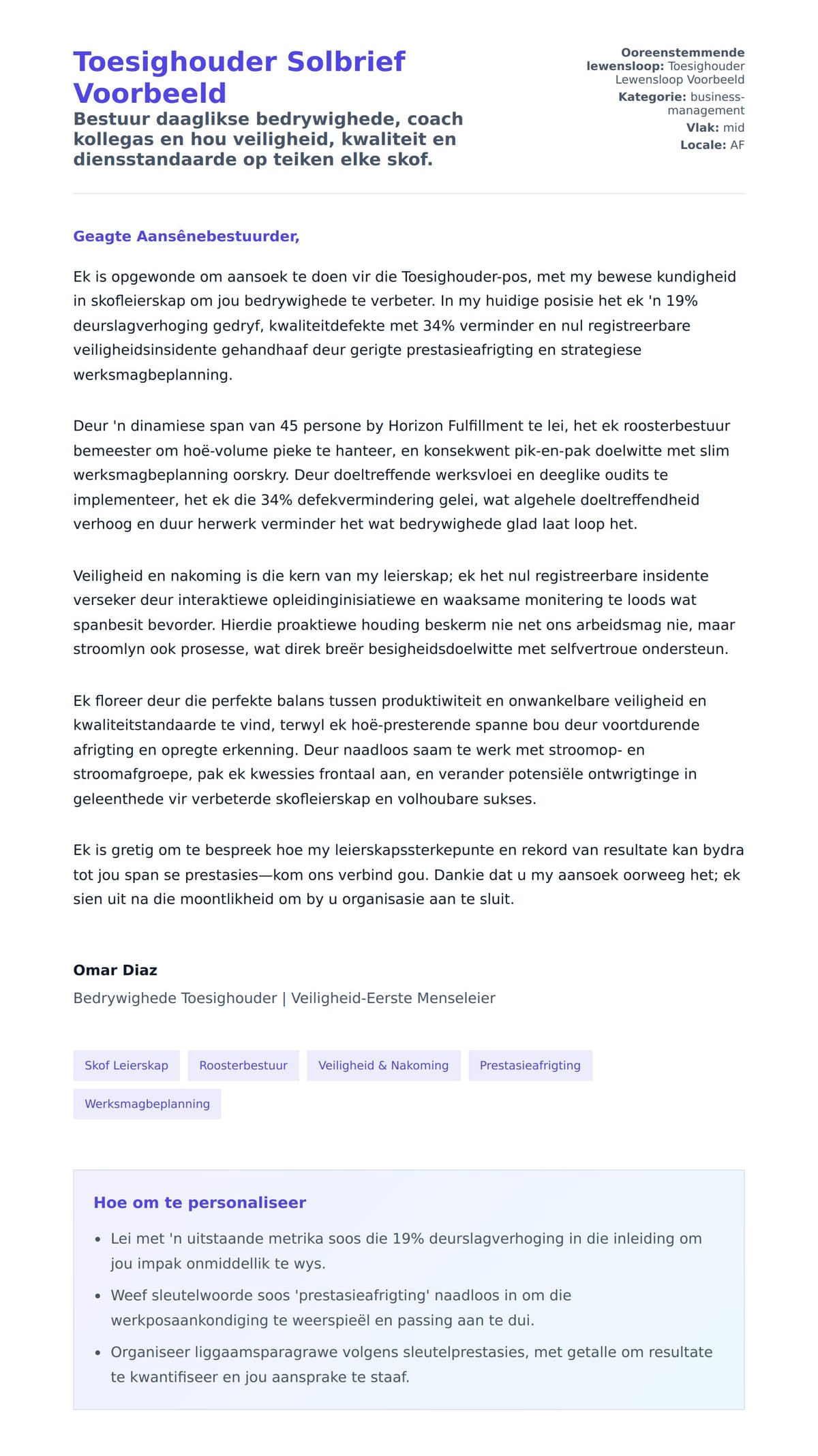 Solbrief-voorskou vir Toesighouder Solbrief Voorbeeld