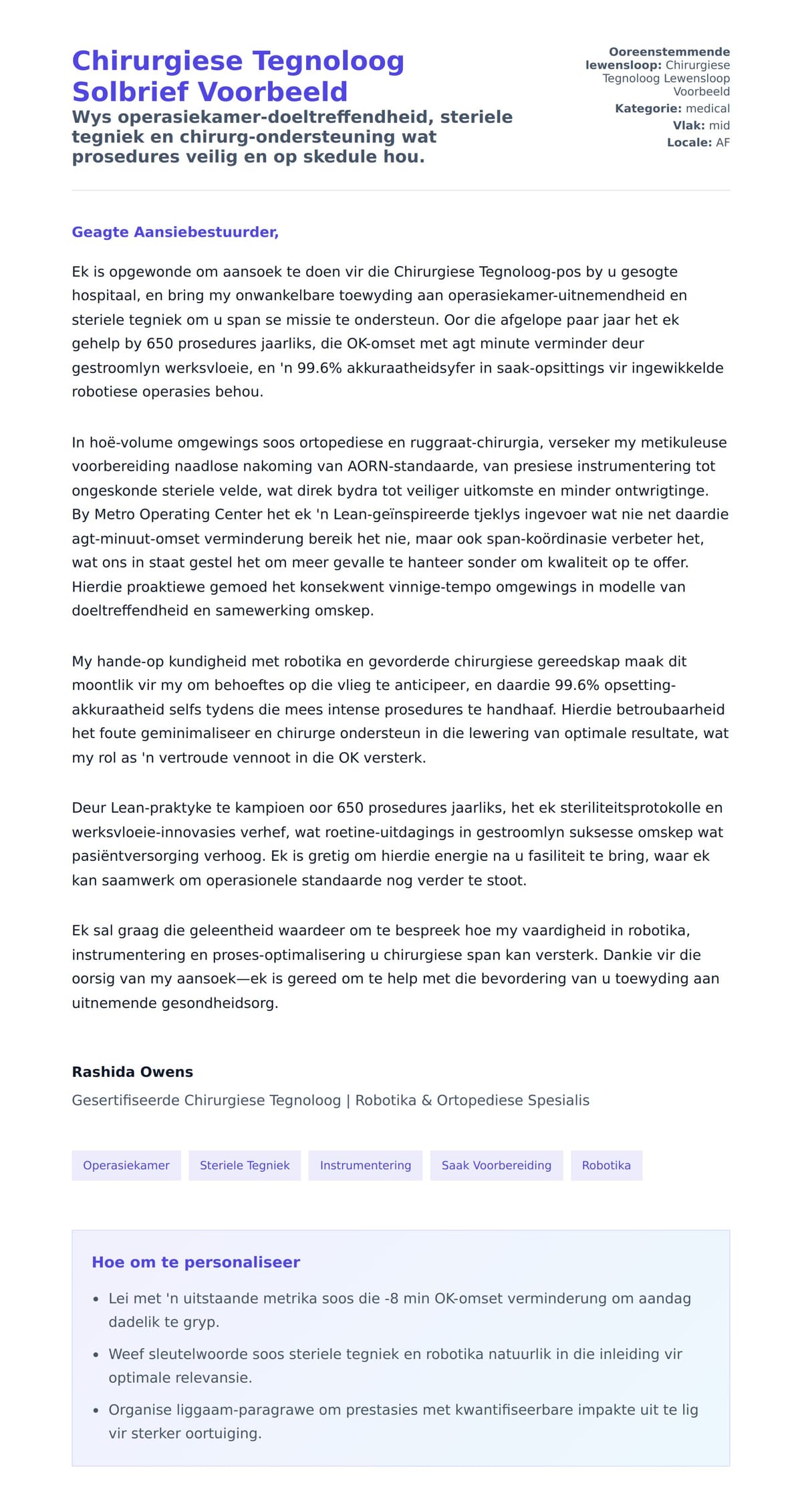 Solbrief-voorskou vir Chirurgiese Tegnoloog Solbrief Voorbeeld