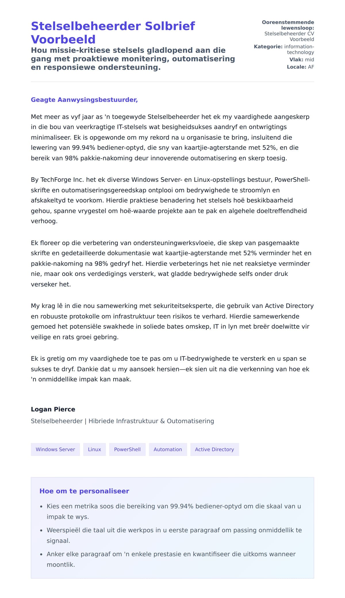 Solbrief-voorskou vir Stelselbeheerder Solbrief Voorbeeld