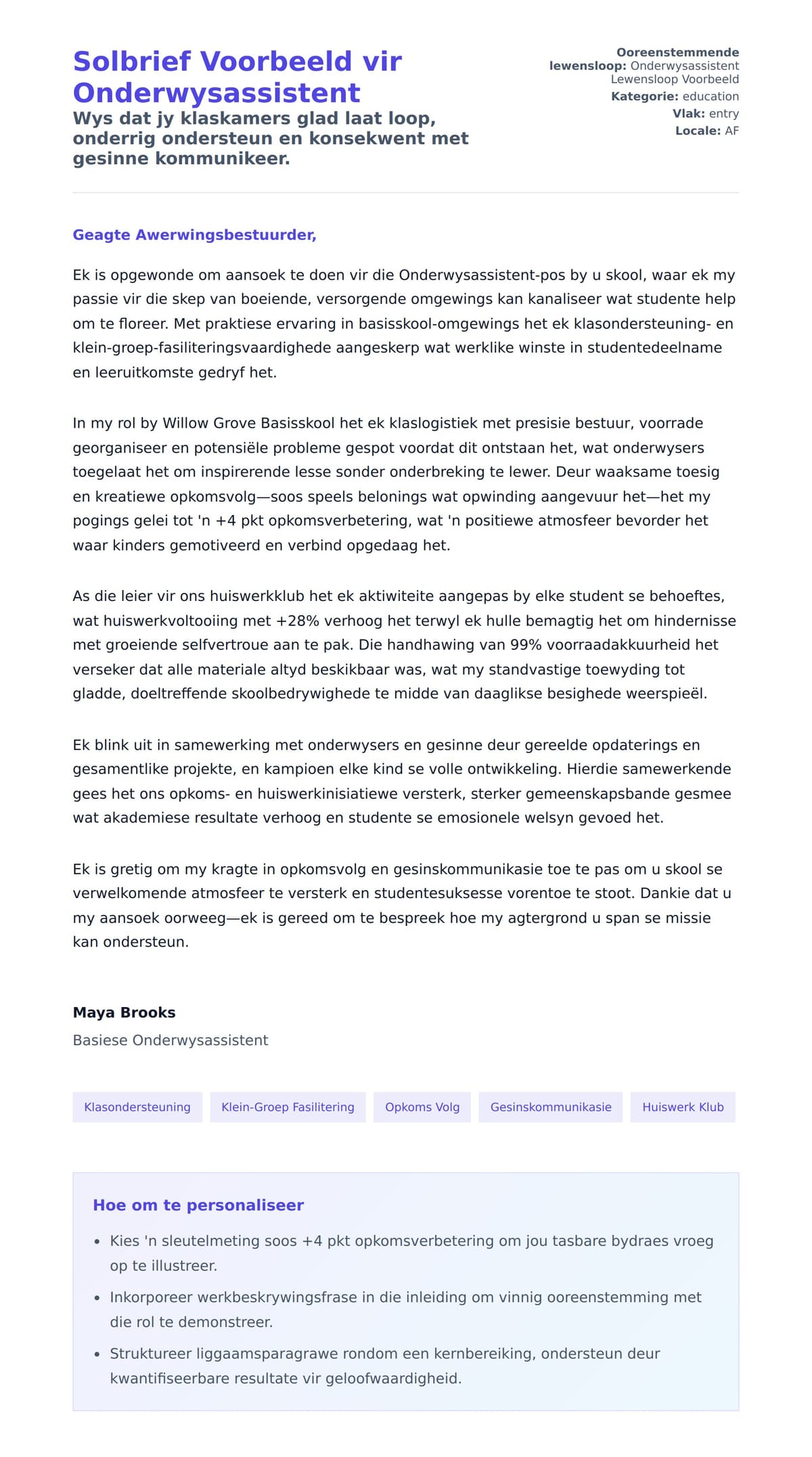 Solbrief-voorskou vir Solbrief Voorbeeld vir Onderwysassistent