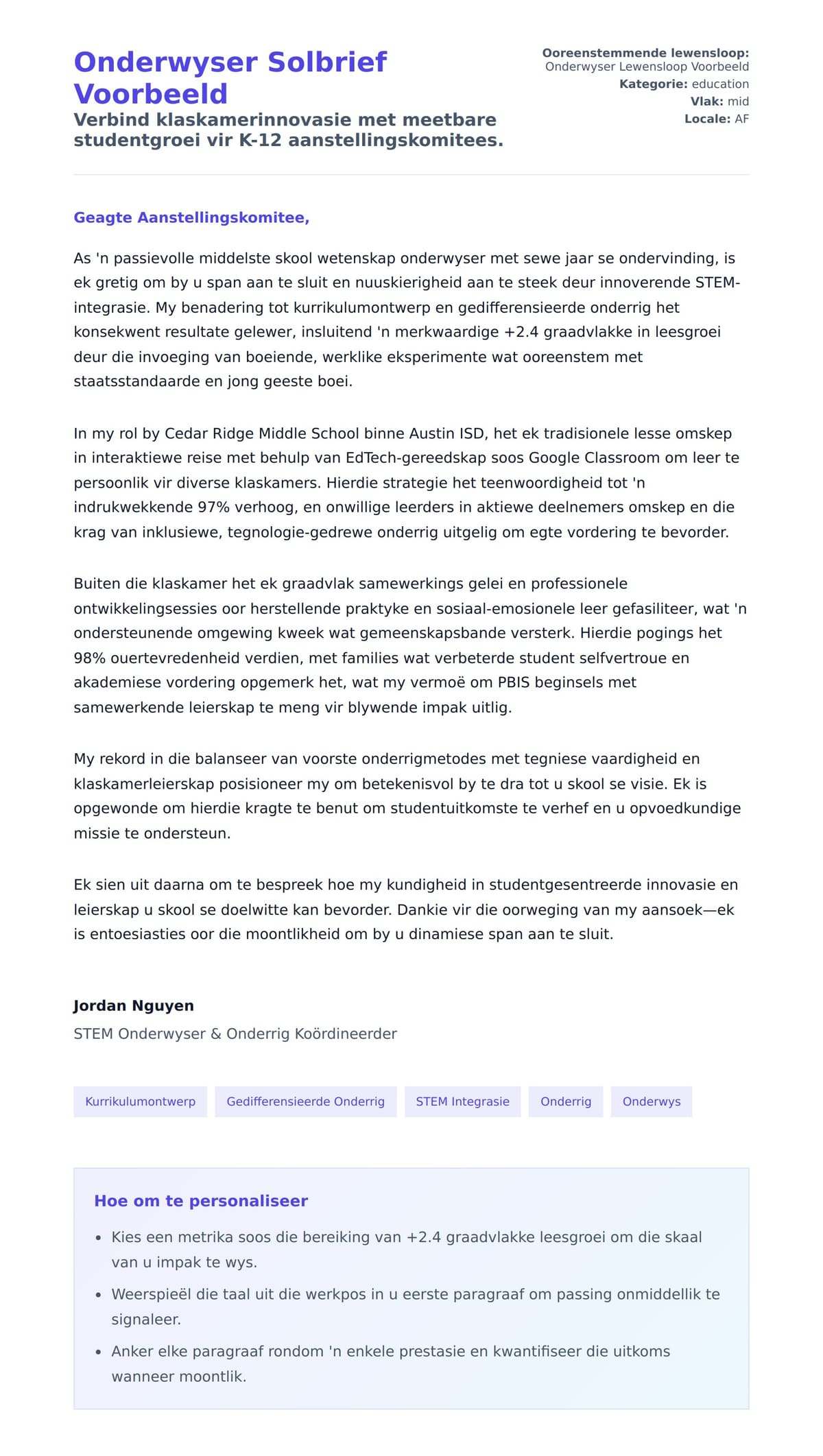 Solbrief-voorskou vir Onderwyser Solbrief Voorbeeld