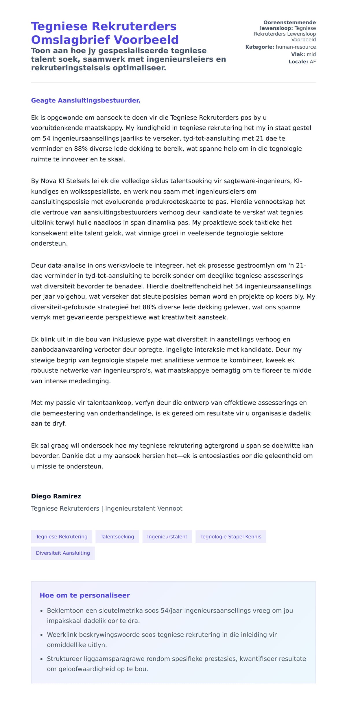 Solbrief-voorskou vir Tegniese Rekruterders Omslagbrief Voorbeeld