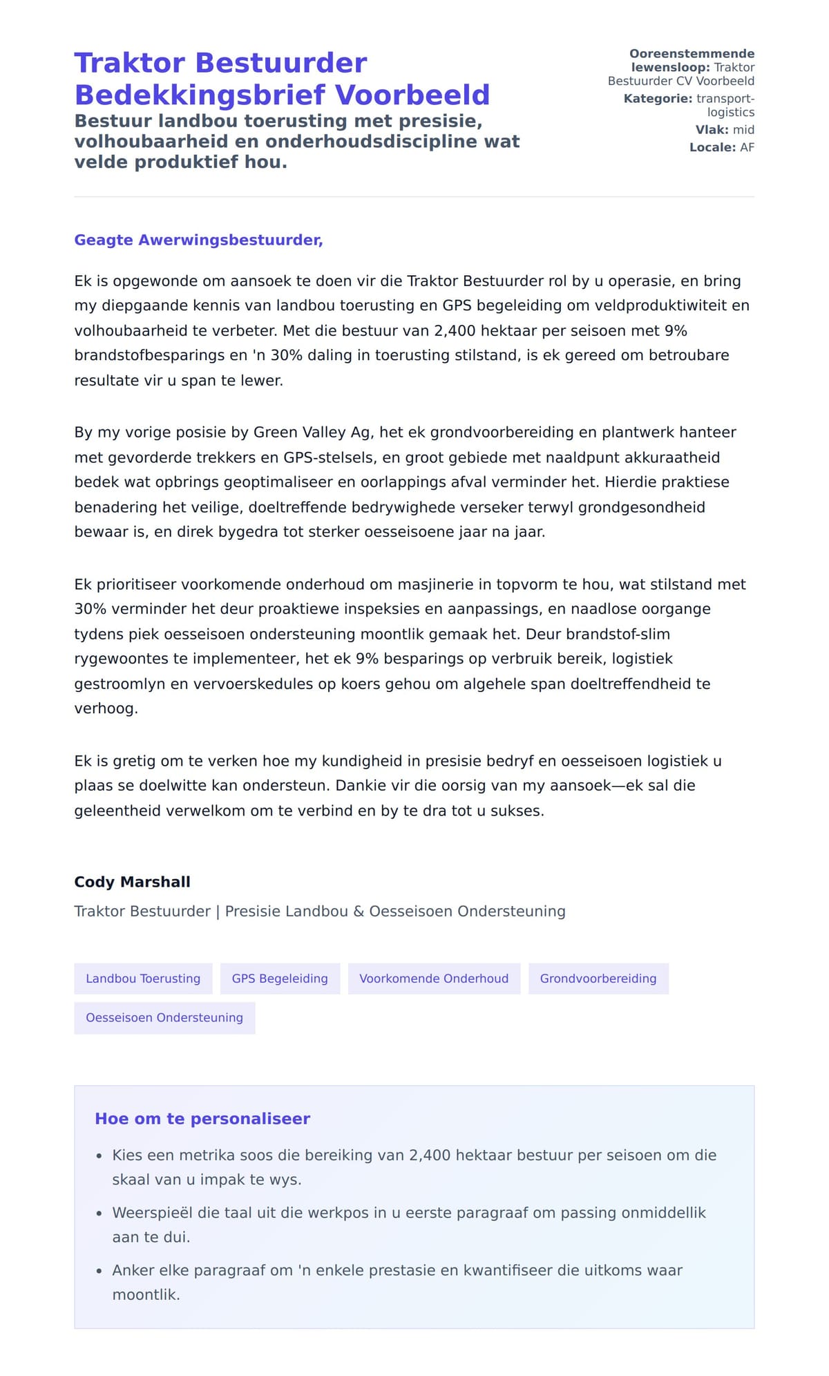 Solbrief-voorskou vir Traktor Bestuurder Bedekkingsbrief Voorbeeld