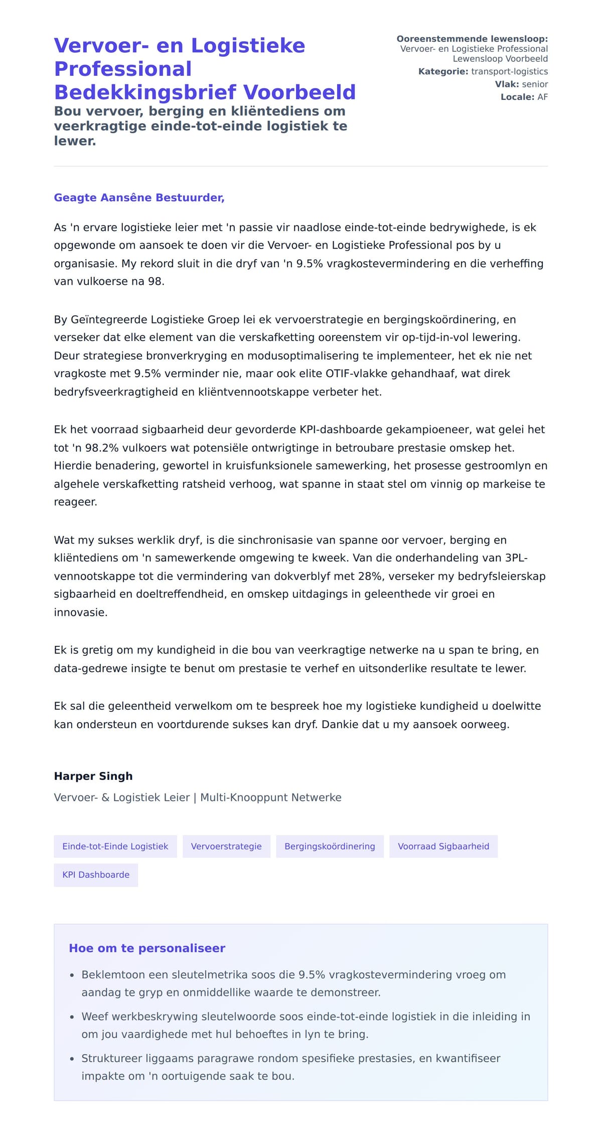 Solbrief-voorskou vir Vervoer- en Logistieke Professional Bedekkingsbrief Voorbeeld