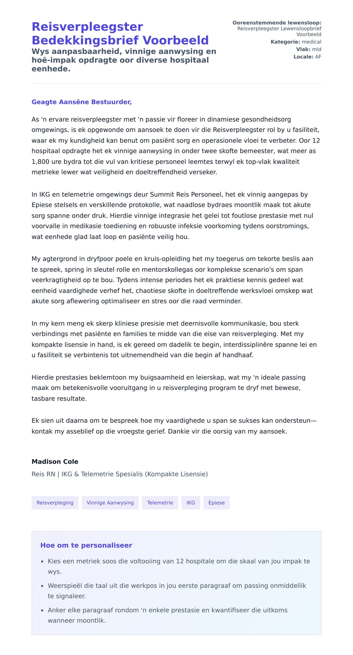 Solbrief-voorskou vir Reisverpleegster Bedekkingsbrief Voorbeeld