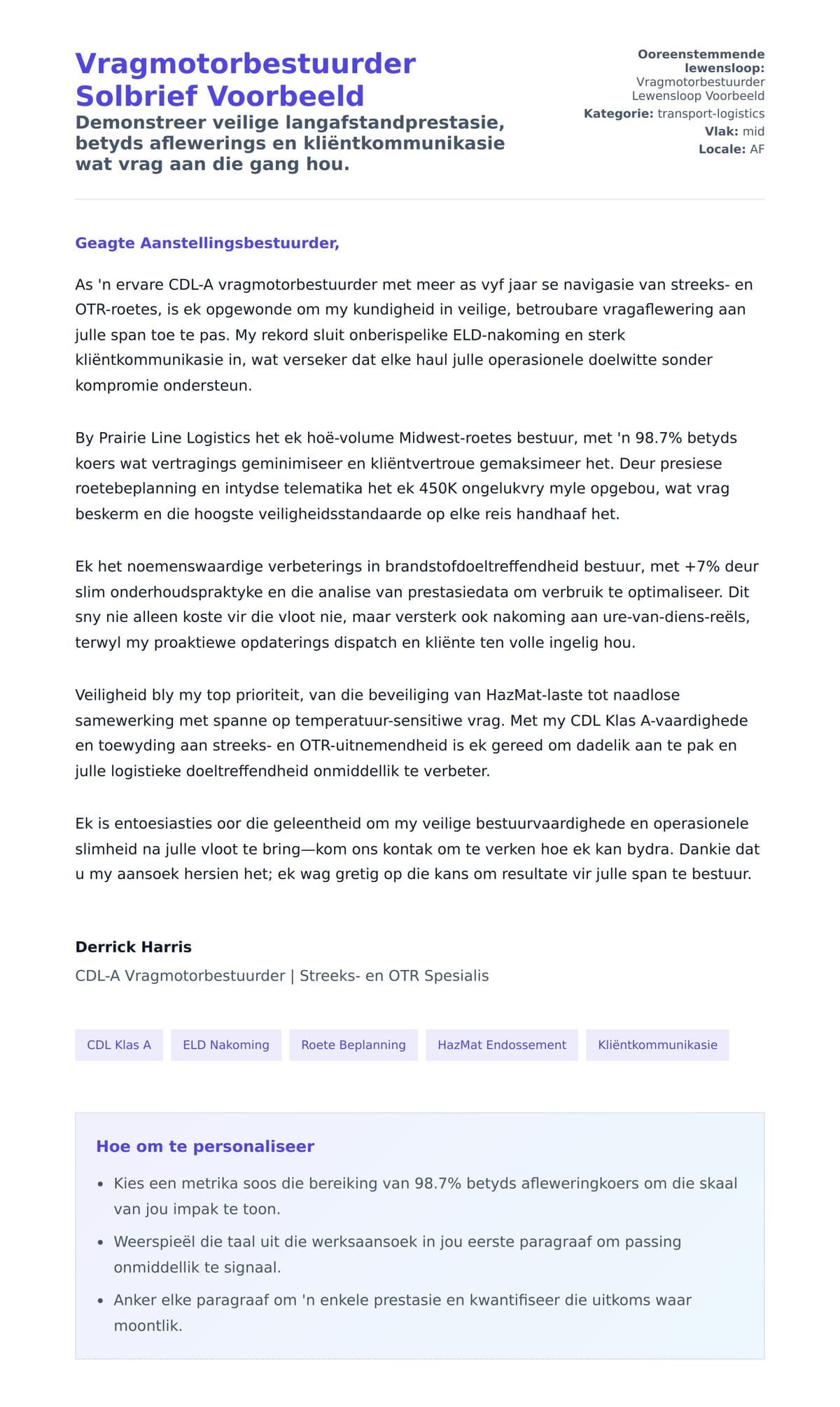 Solbrief-voorskou vir Vragmotorbestuurder Solbrief Voorbeeld