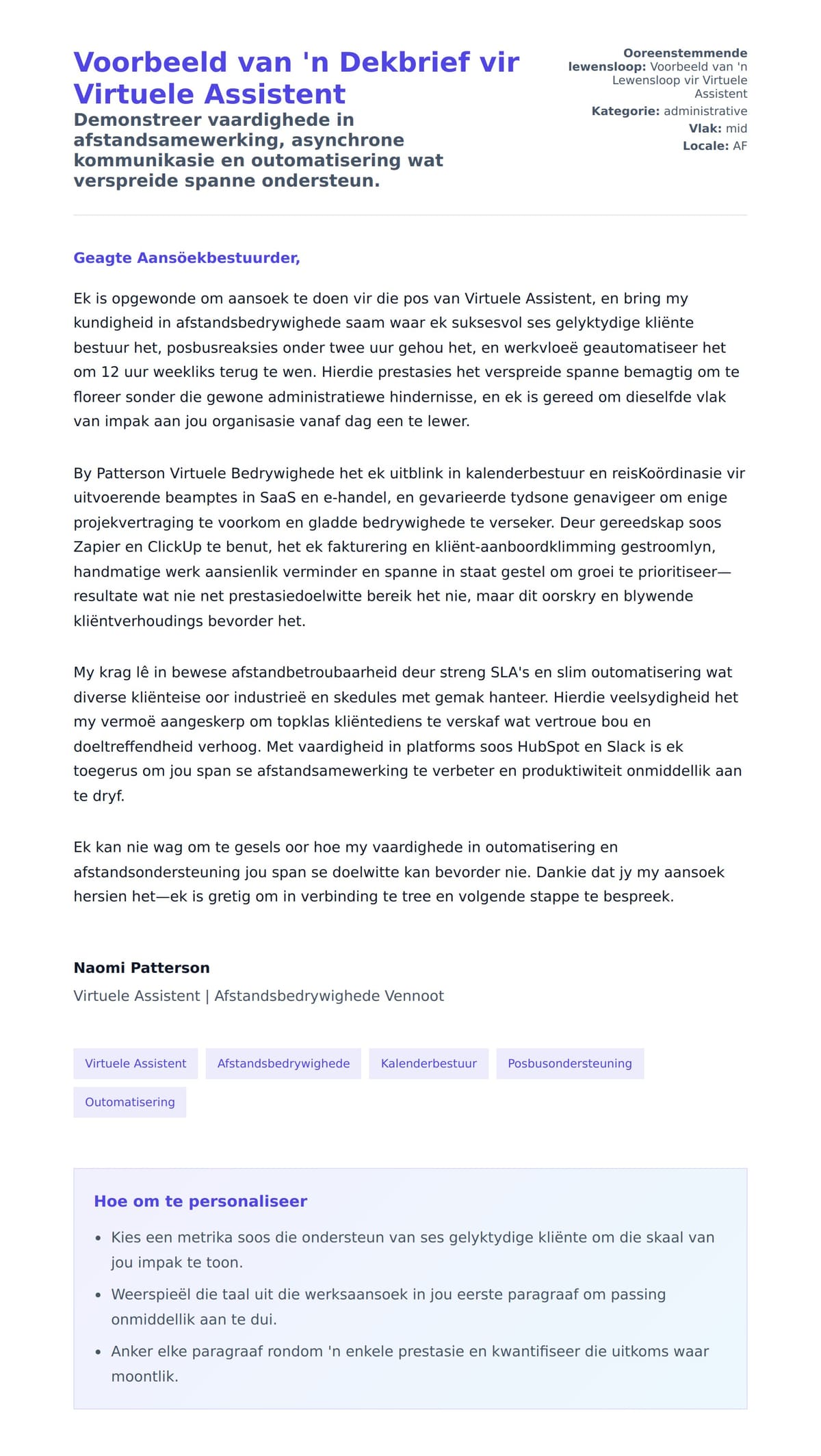 Solbrief-voorskou vir Voorbeeld van 'n Dekbrief vir Virtuele Assistent