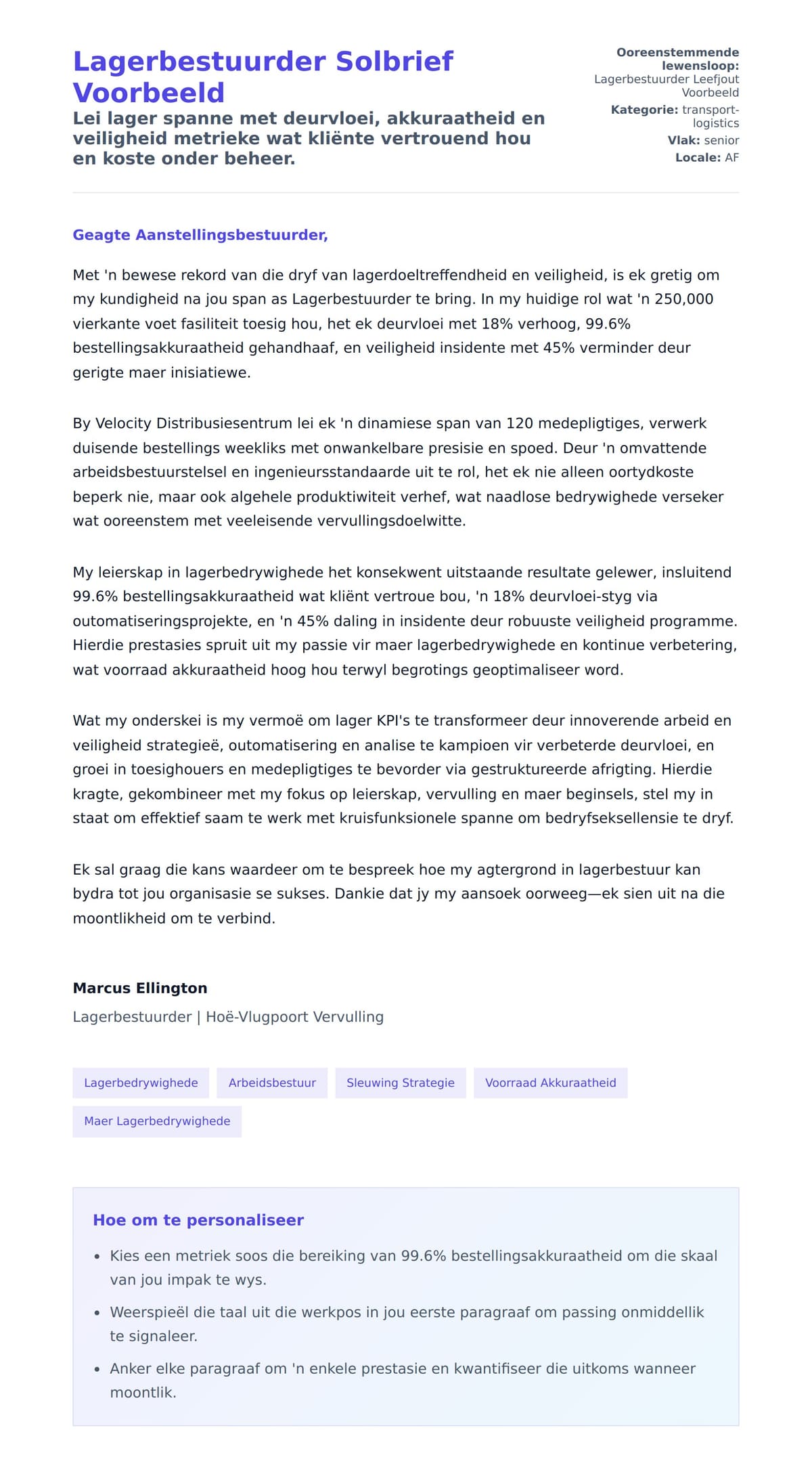 Solbrief-voorskou vir Lagerbestuurder Solbrief Voorbeeld