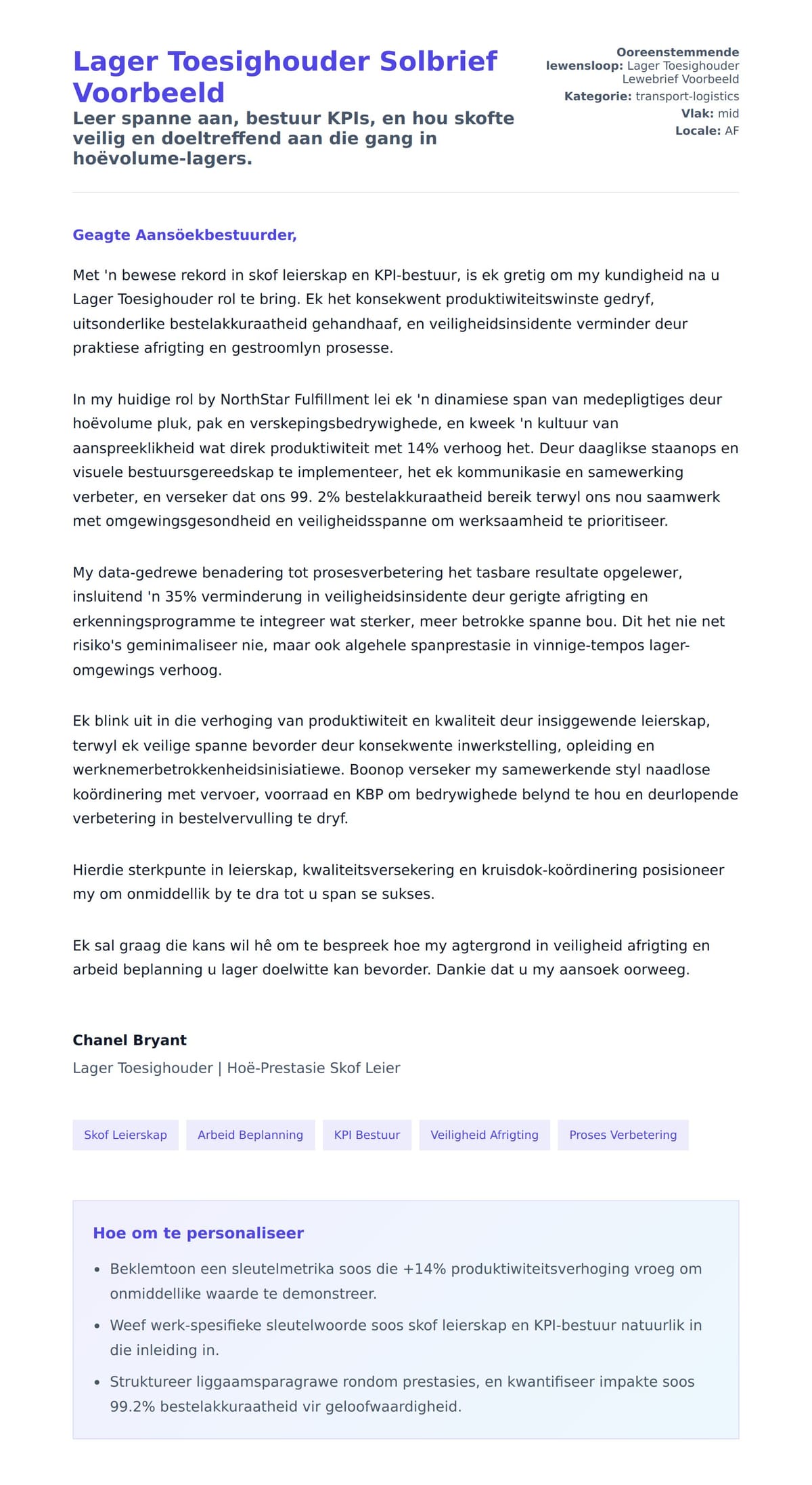 Solbrief-voorskou vir Lager Toesighouder Solbrief Voorbeeld