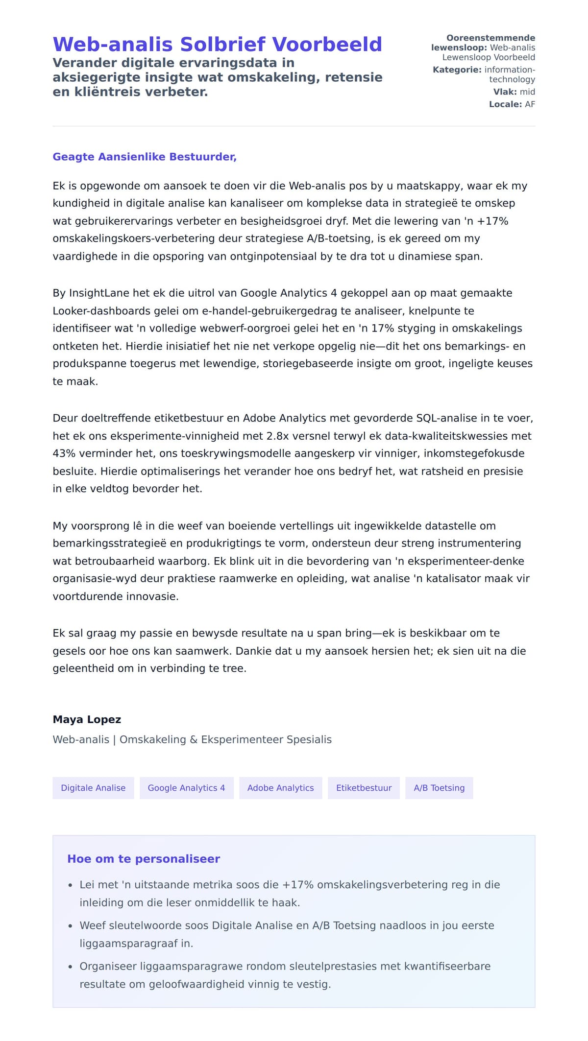Solbrief-voorskou vir Web-analis Solbrief Voorbeeld