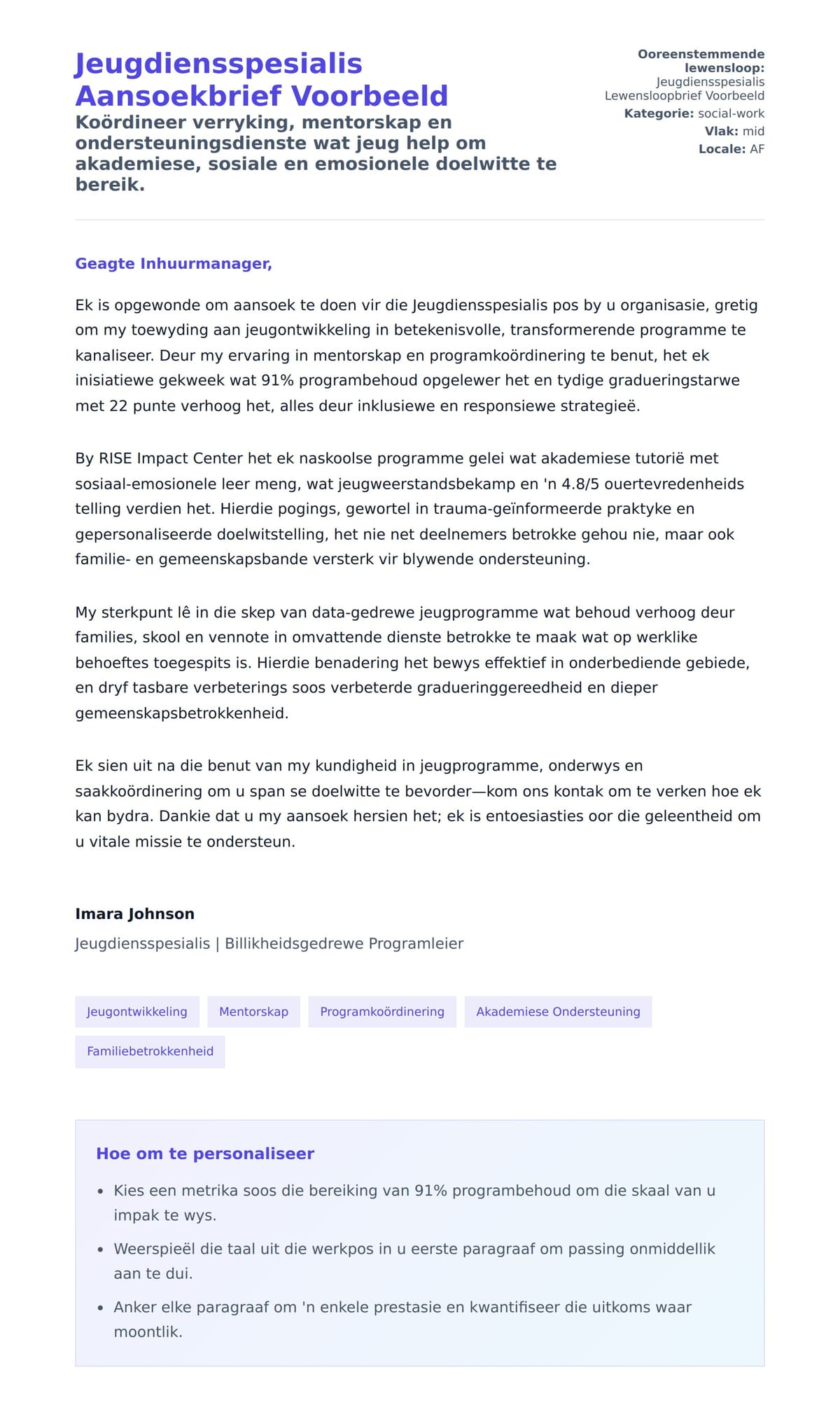 Solbrief-voorskou vir Jeugdiensspesialis Aansoekbrief Voorbeeld