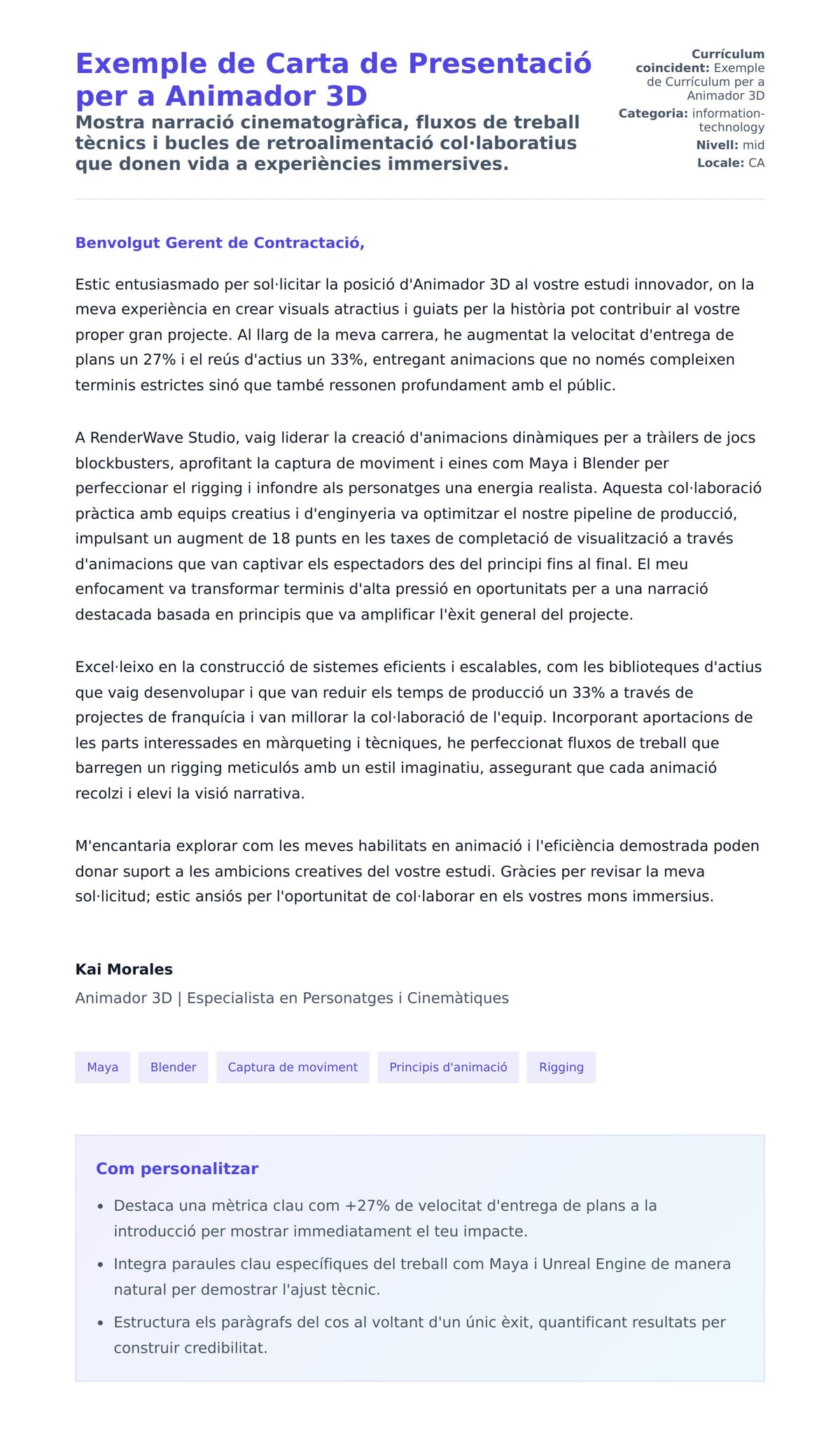 Previsualització de la carta de presentació per a Exemple de Carta de Presentació per a Animador 3D