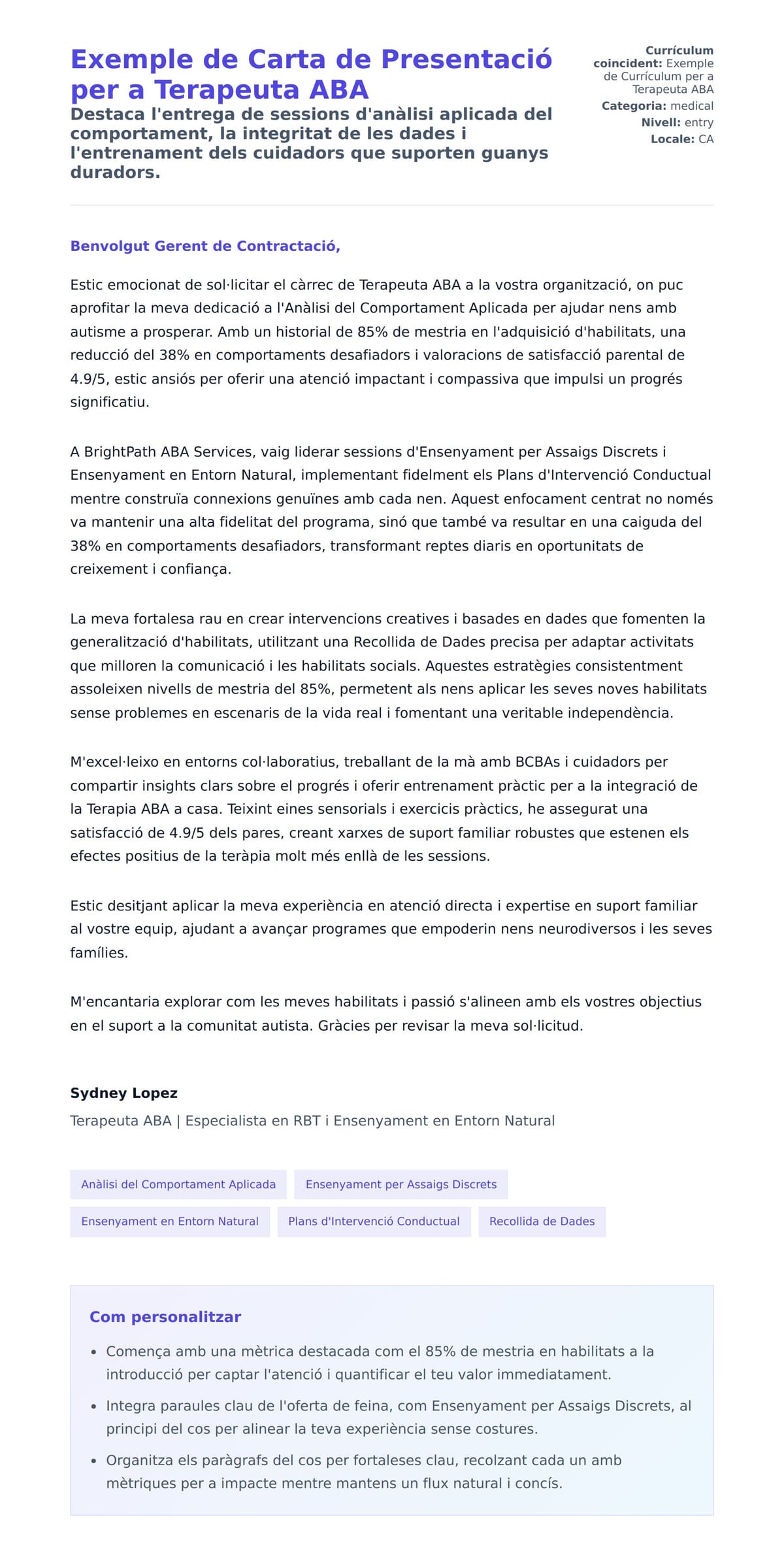 Previsualització de la carta de presentació per a Exemple de Carta de Presentació per a Terapeuta ABA