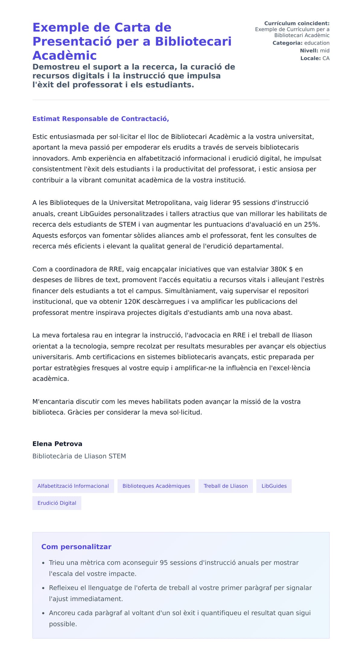 Previsualització de la carta de presentació per a Exemple de Carta de Presentació per a Bibliotecari Acadèmic