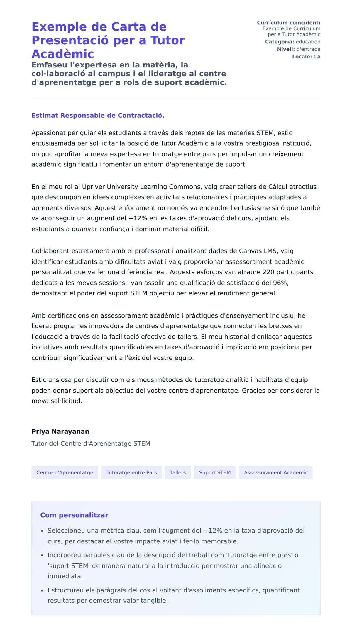 Previsualització de la carta de presentació per a Exemple de Carta de Presentació per a Tutor Acadèmic