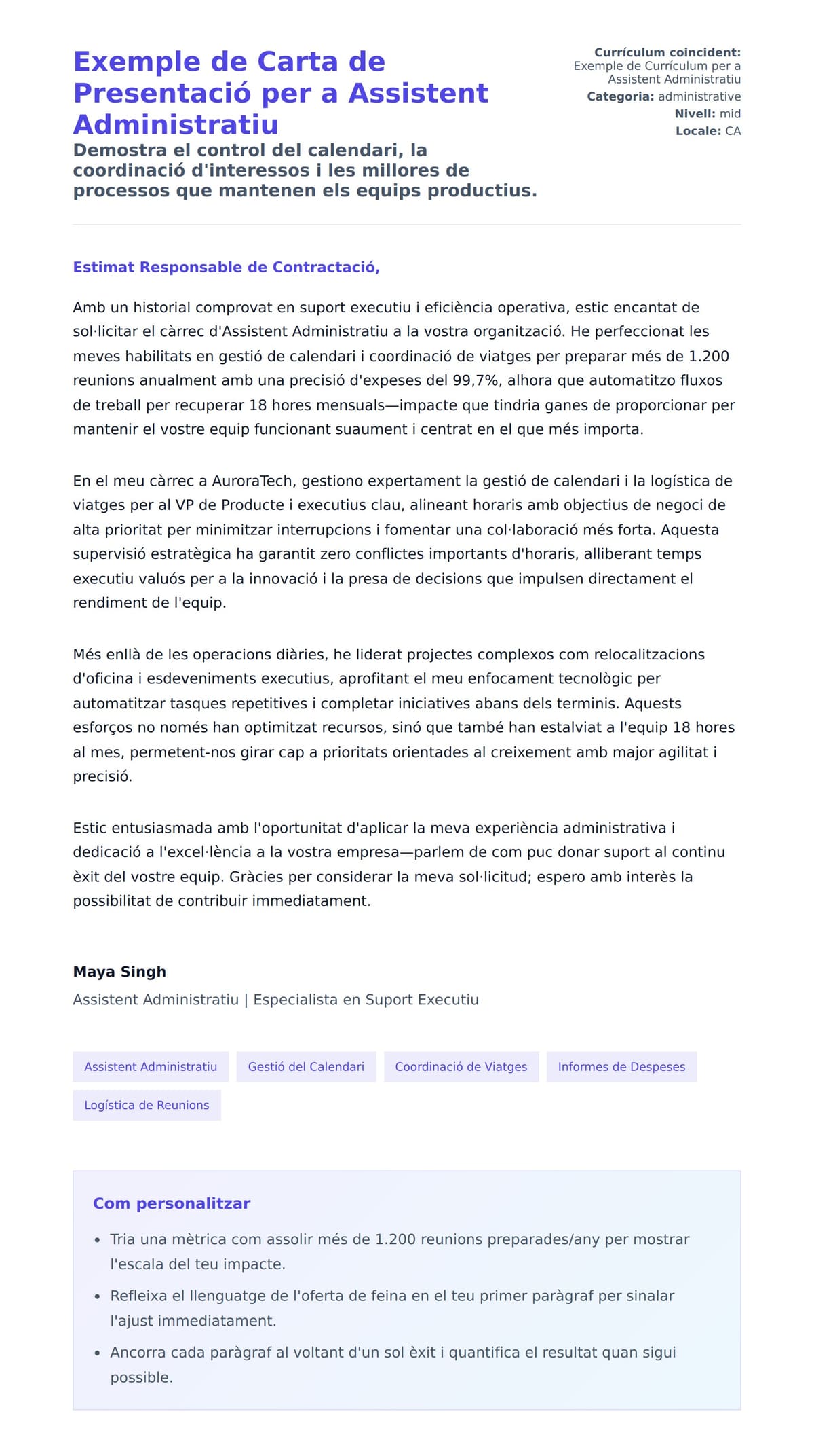 Previsualització de la carta de presentació per a Exemple de Carta de Presentació per a Assistent Administratiu