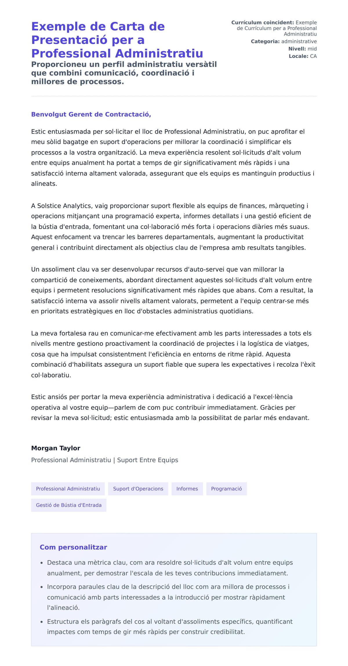 Previsualització de la carta de presentació per a Exemple de Carta de Presentació per a Professional Administratiu