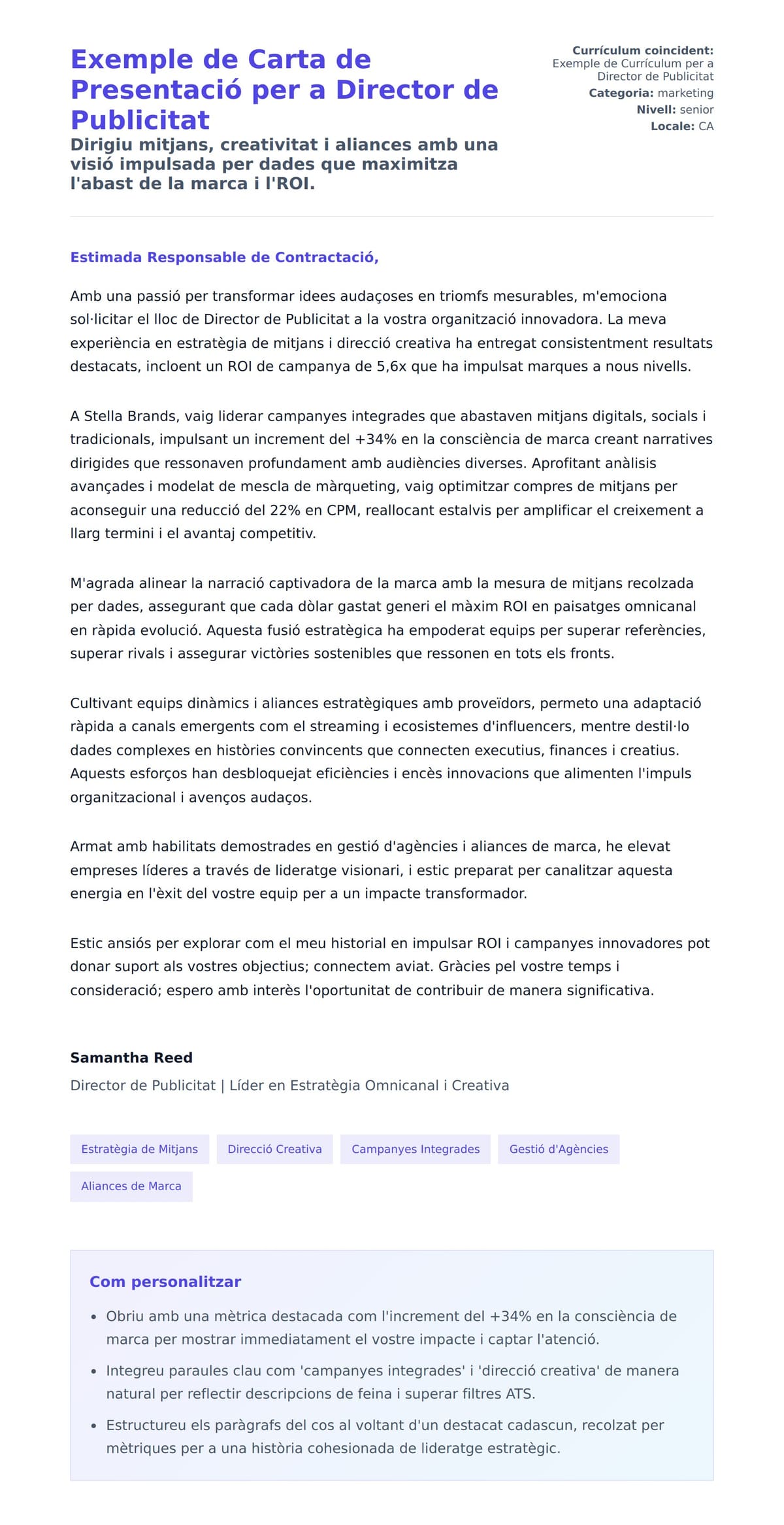 Previsualització de la carta de presentació per a Exemple de Carta de Presentació per a Director de Publicitat