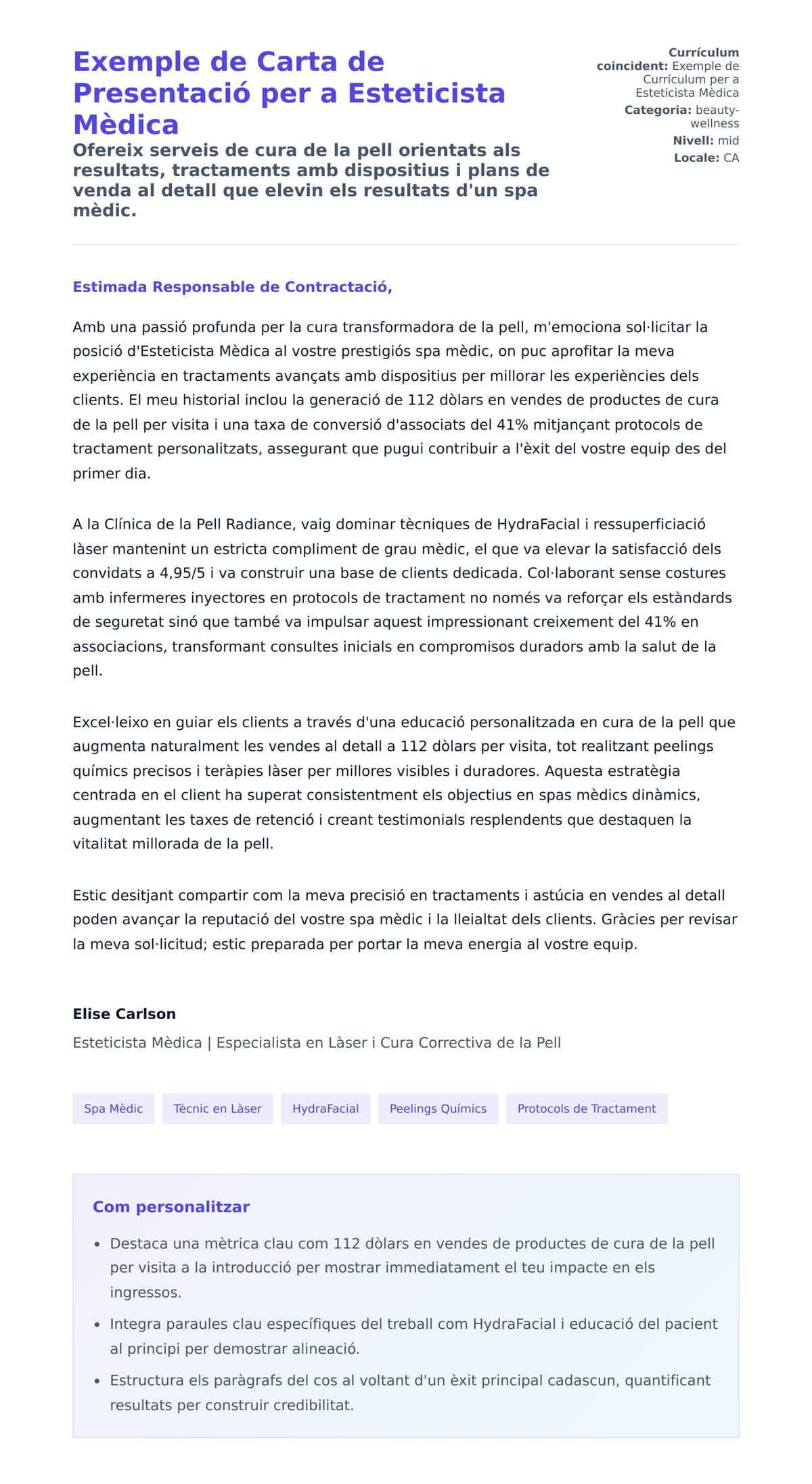 Previsualització de la carta de presentació per a Exemple de Carta de Presentació per a Esteticista Mèdica
