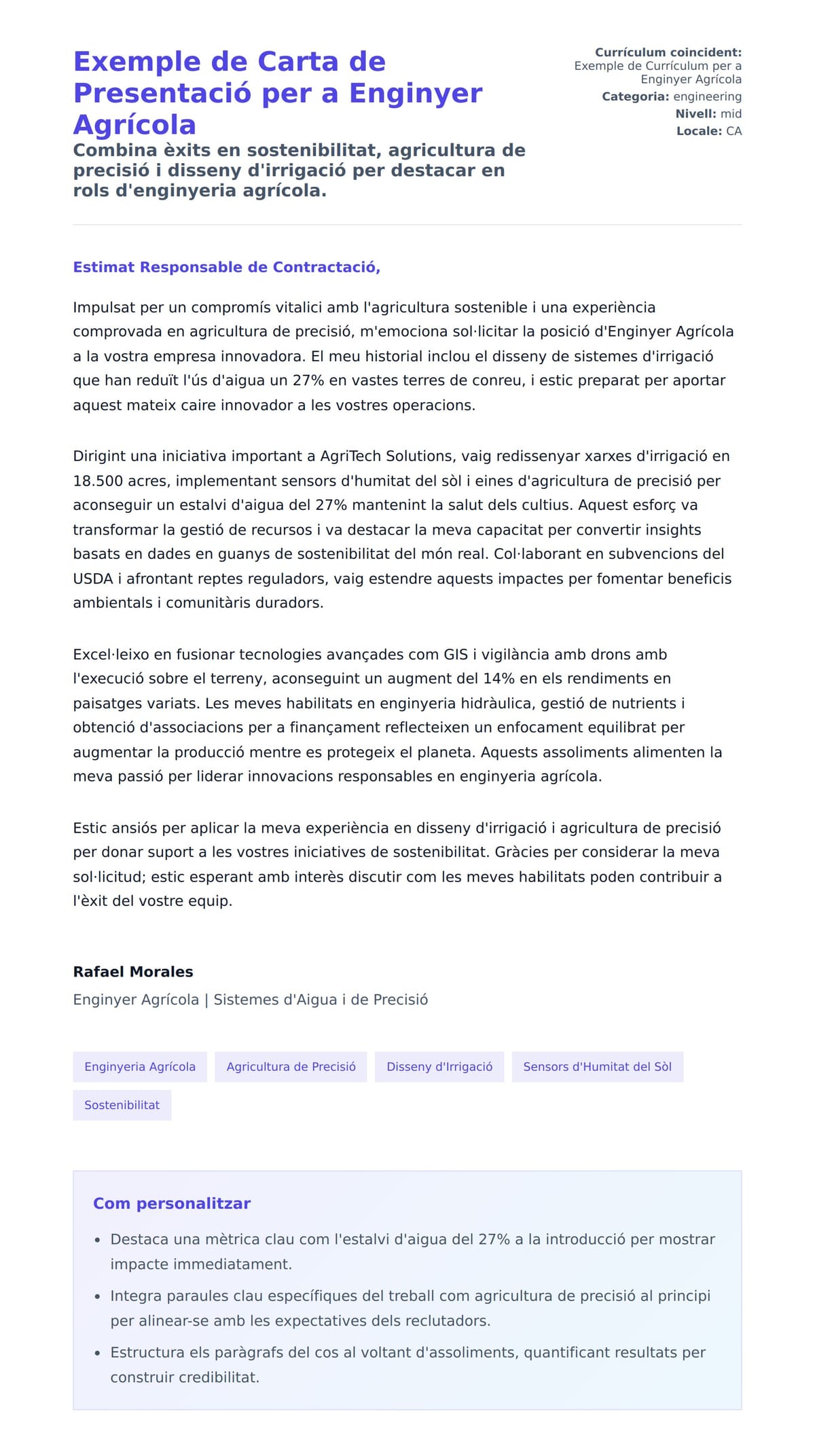 Previsualització de la carta de presentació per a Exemple de Carta de Presentació per a Enginyer Agrícola