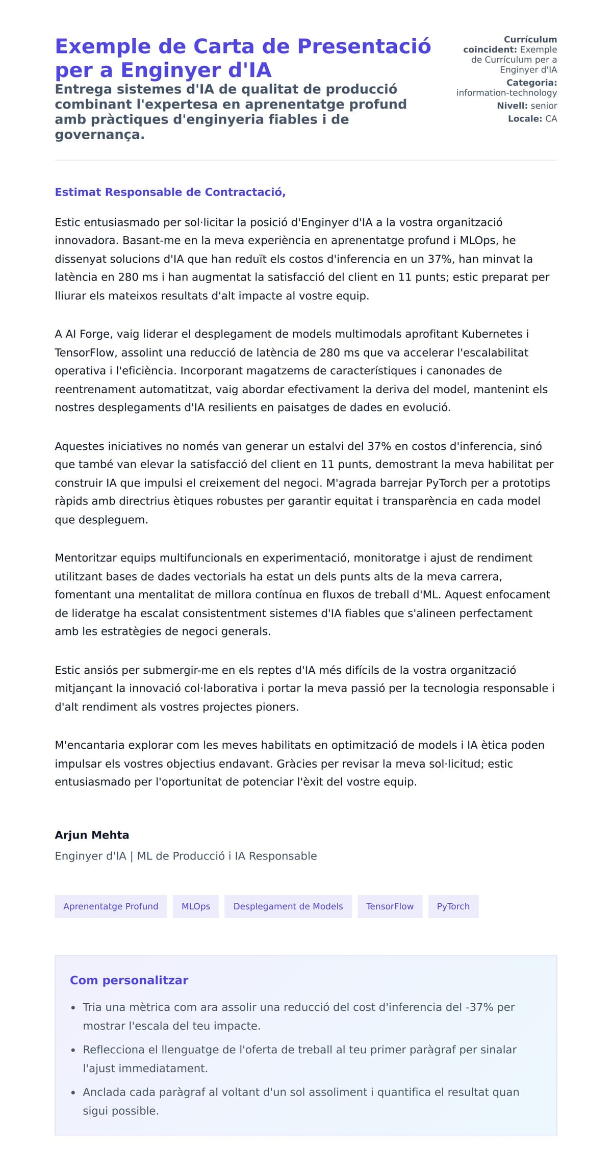 Previsualització de la carta de presentació per a Exemple de Carta de Presentació per a Enginyer d'IA