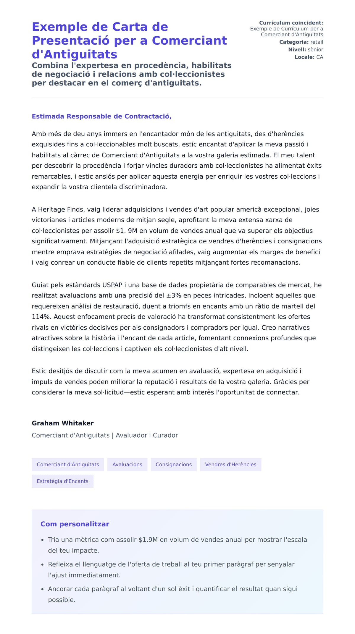 Previsualització de la carta de presentació per a Exemple de Carta de Presentació per a Comerciant d'Antiguitats