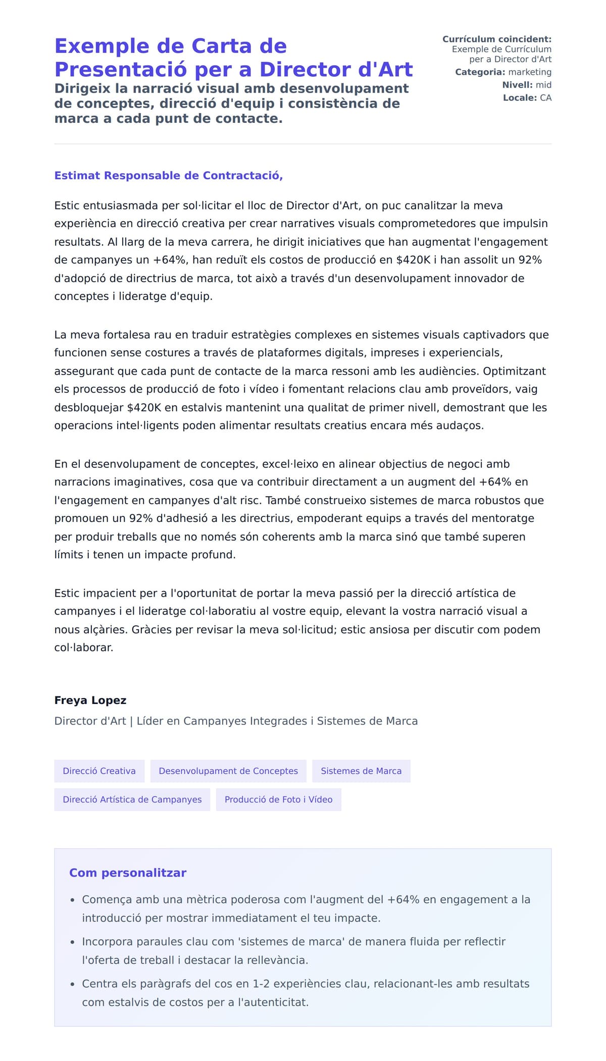 Previsualització de la carta de presentació per a Exemple de Carta de Presentació per a Director d'Art