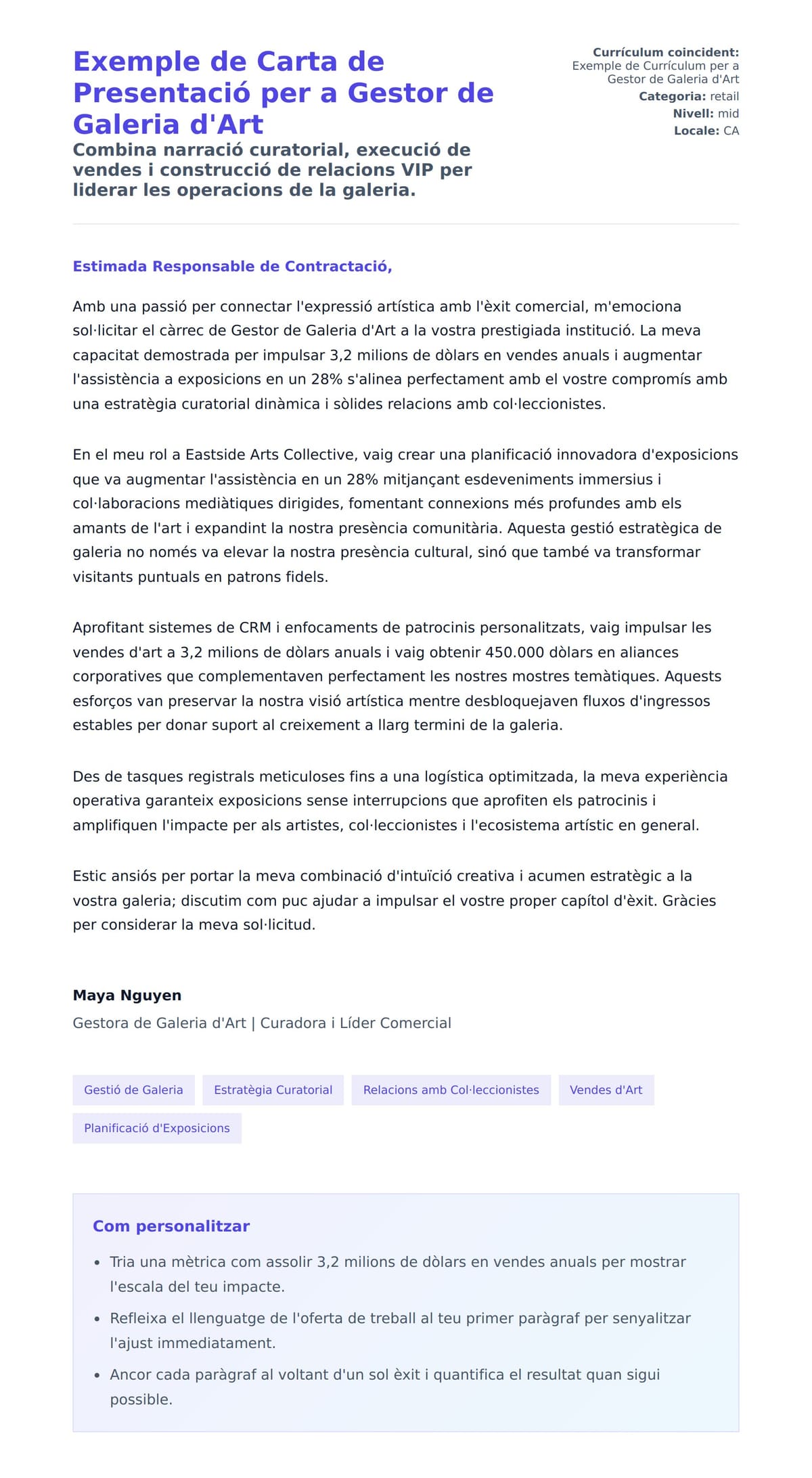 Previsualització de la carta de presentació per a Exemple de Carta de Presentació per a Gestor de Galeria d'Art