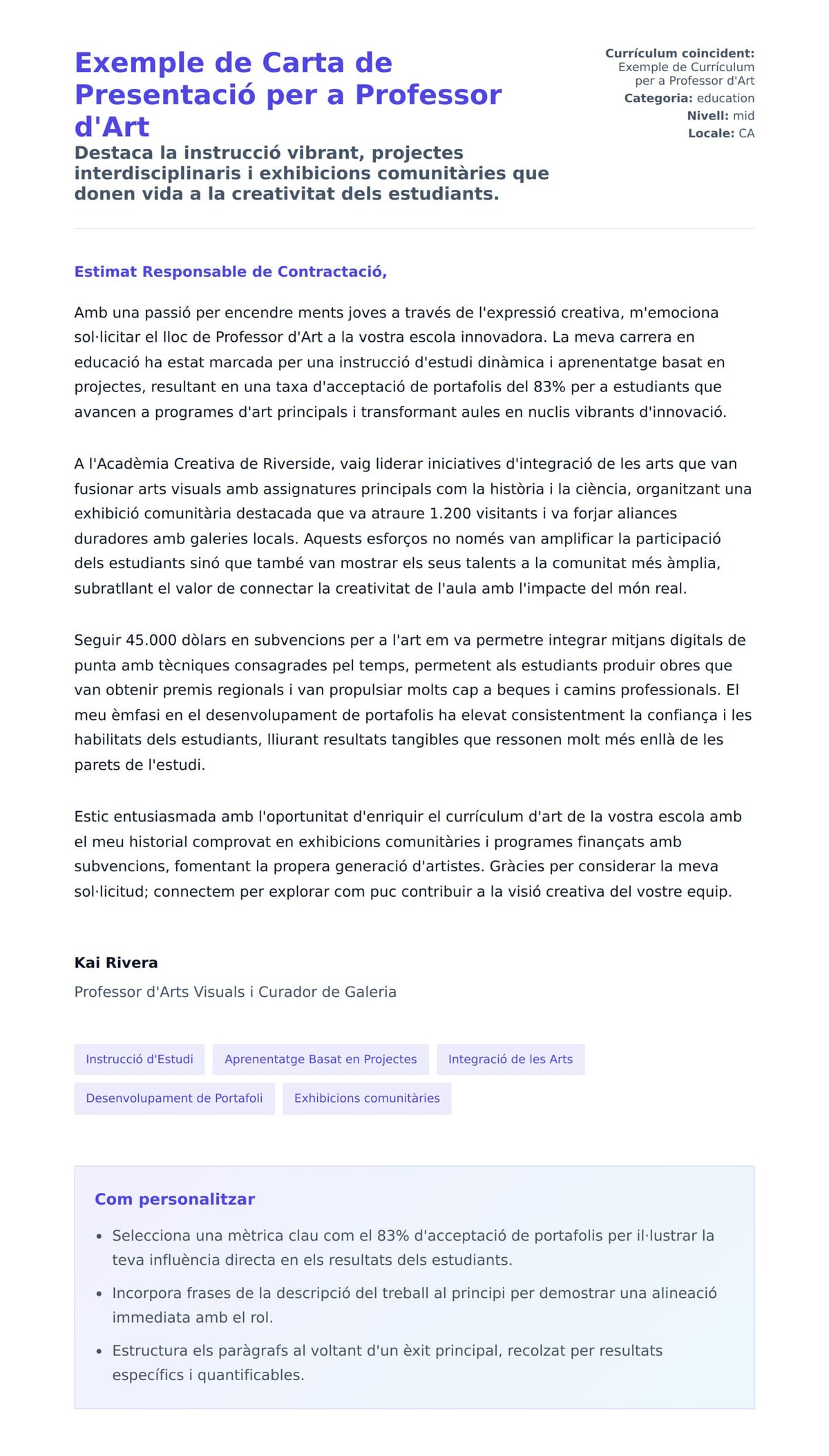 Previsualització de la carta de presentació per a Exemple de Carta de Presentació per a Professor d'Art