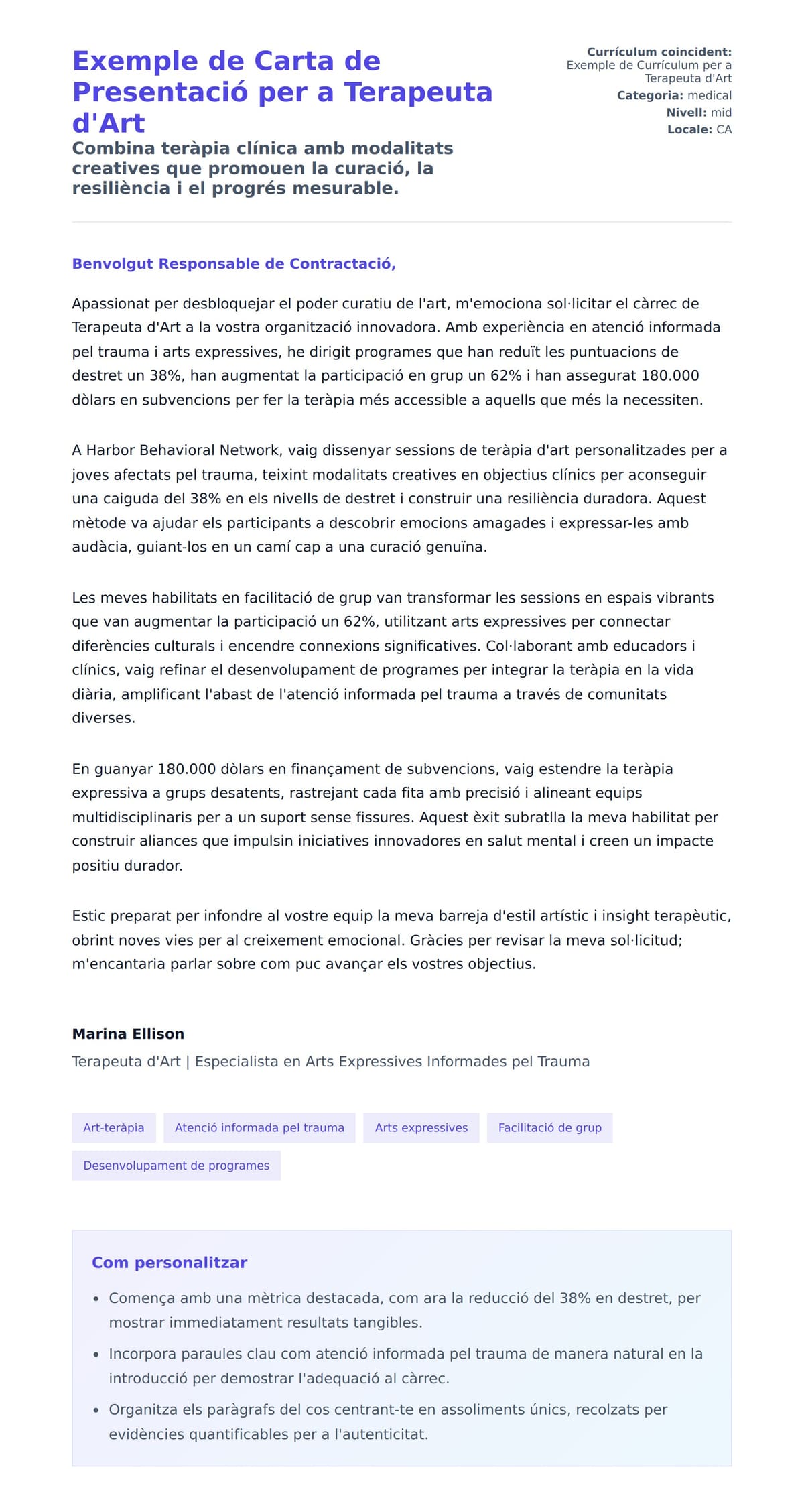 Previsualització de la carta de presentació per a Exemple de Carta de Presentació per a Terapeuta d'Art