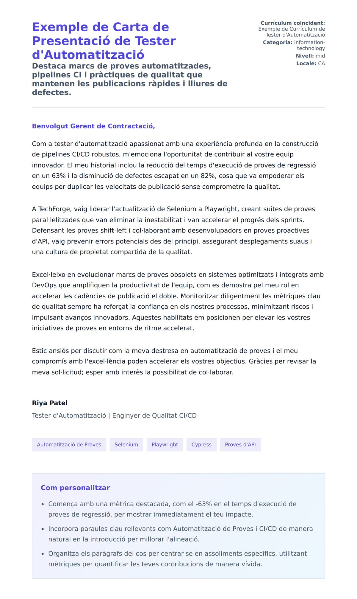 Previsualització de la carta de presentació per a Exemple de Carta de Presentació de Tester d'Automatització