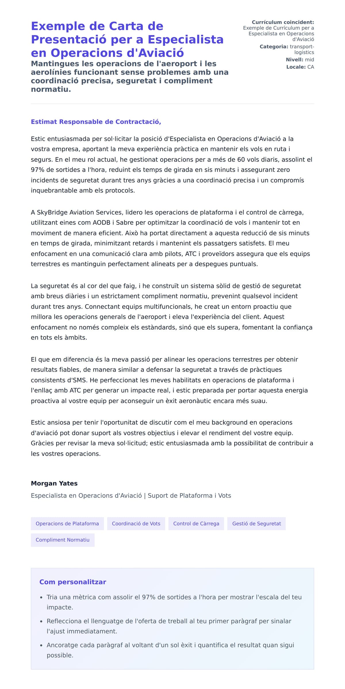 Previsualització de la carta de presentació per a Exemple de Carta de Presentació per a Especialista en Operacions d'Aviació