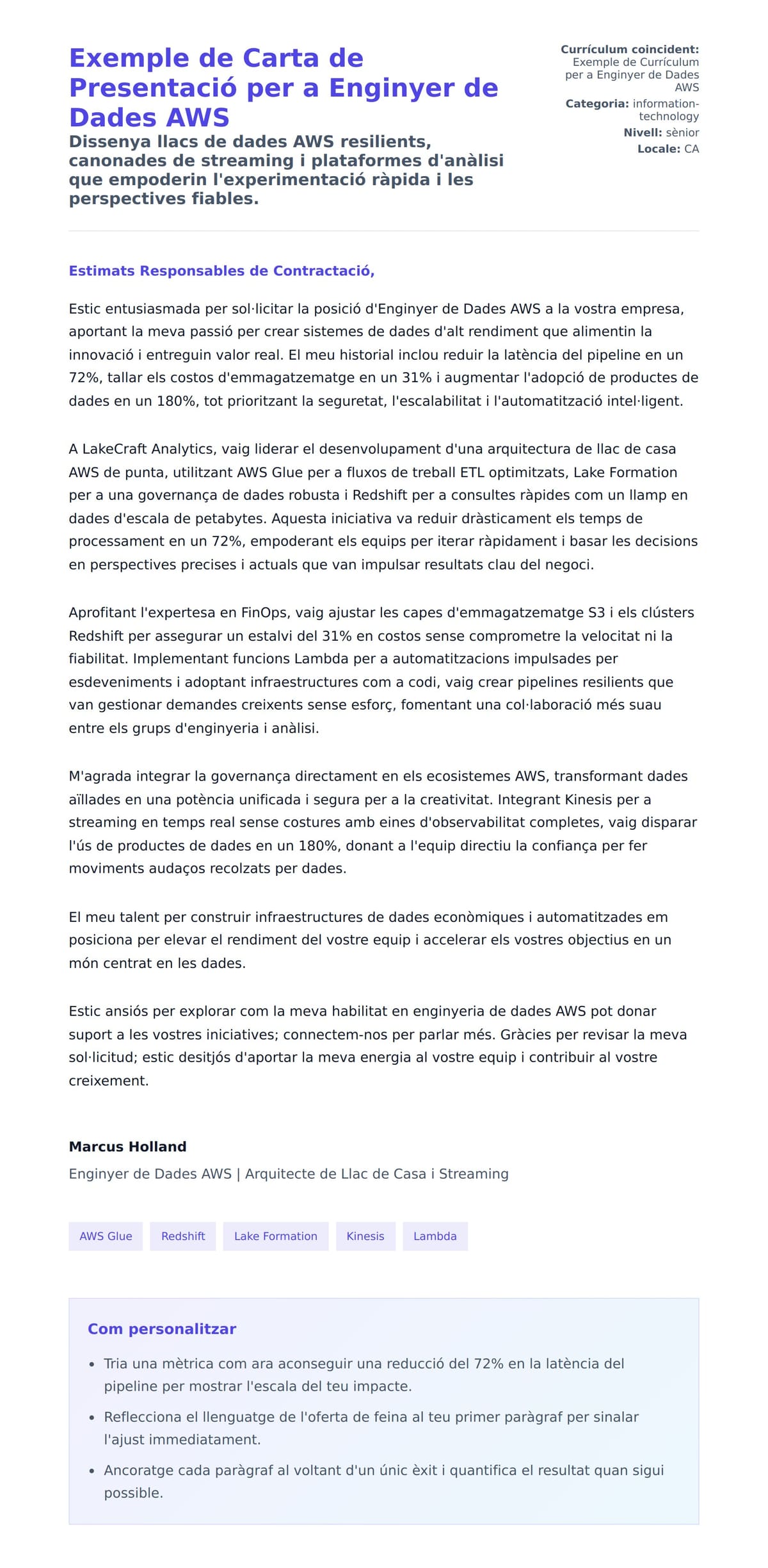 Previsualització de la carta de presentació per a Exemple de Carta de Presentació per a Enginyer de Dades AWS