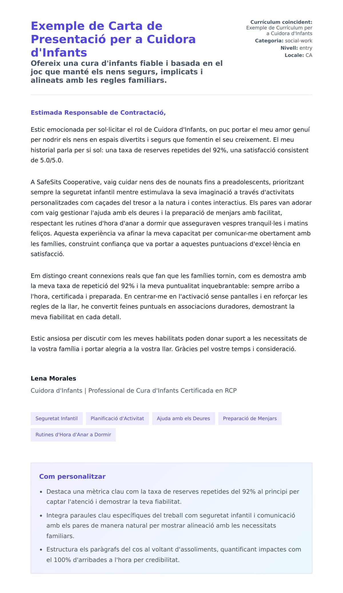 Previsualització de la carta de presentació per a Exemple de Carta de Presentació per a Cuidora d'Infants