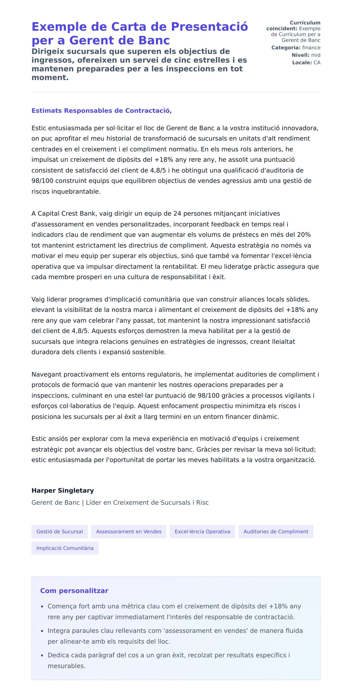 Previsualització de la carta de presentació per a Exemple de Carta de Presentació per a Gerent de Banc