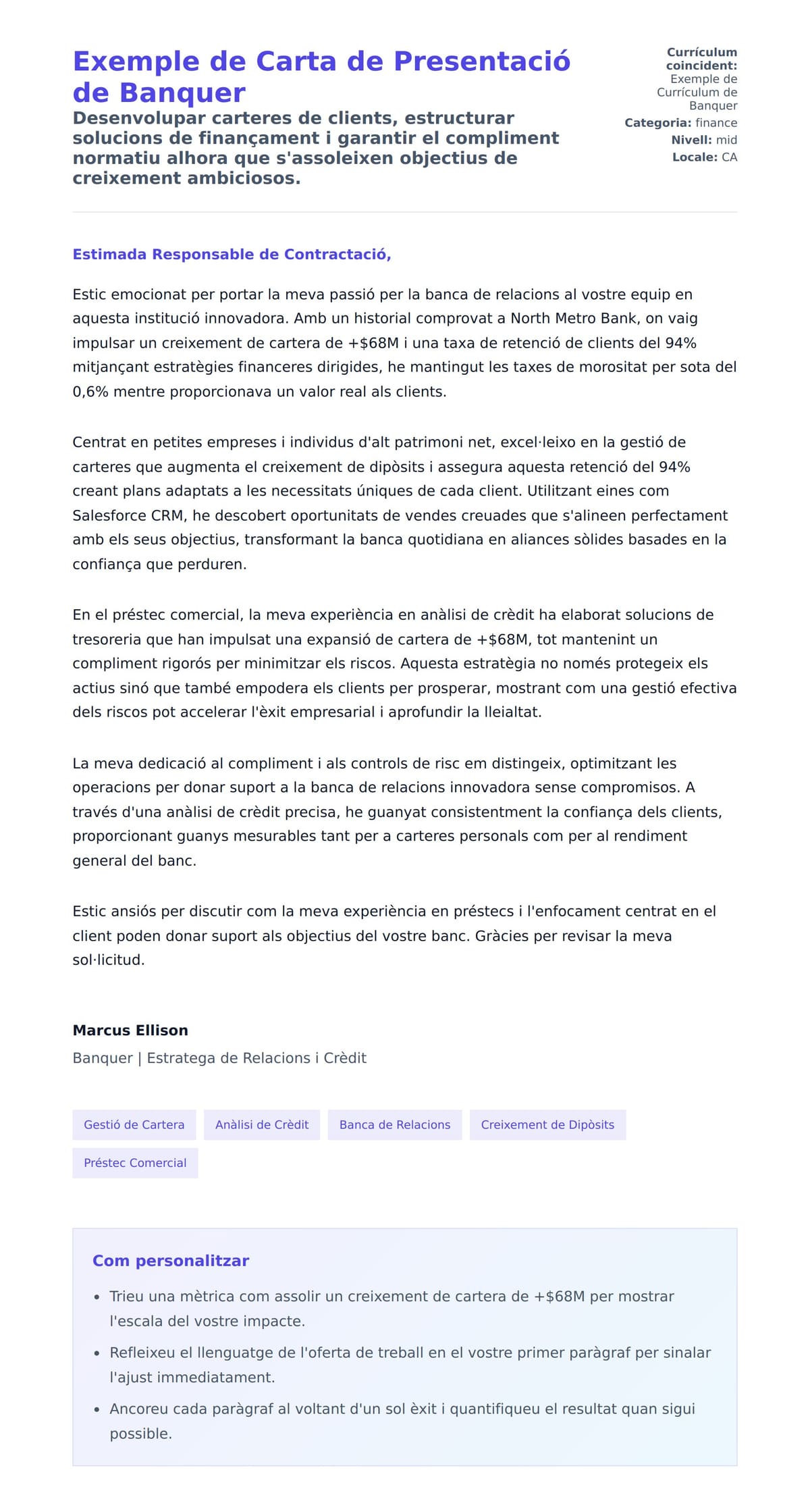 Previsualització de la carta de presentació per a Exemple de Carta de Presentació de Banquer