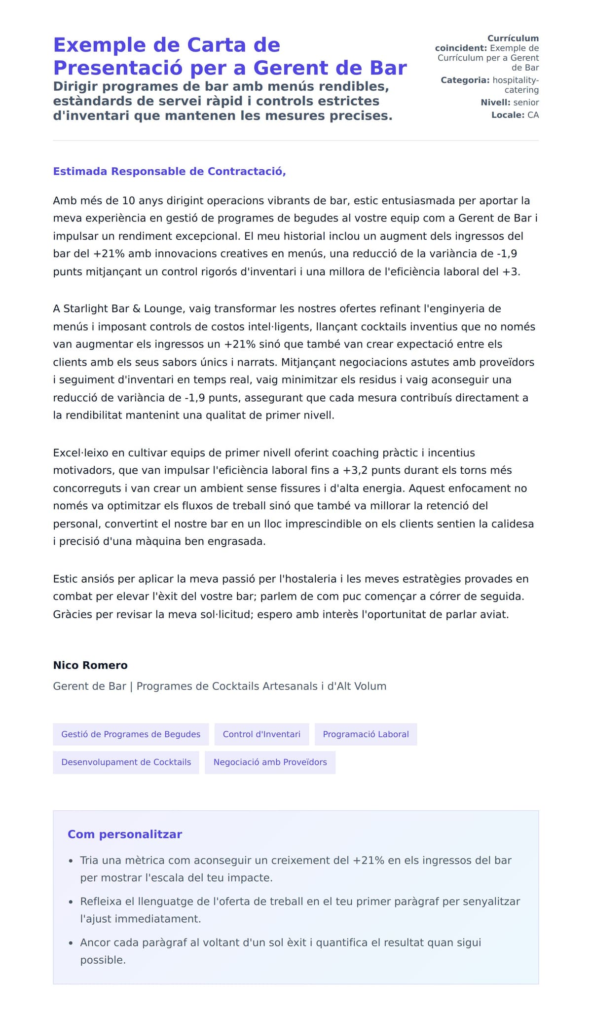 Previsualització de la carta de presentació per a Exemple de Carta de Presentació per a Gerent de Bar