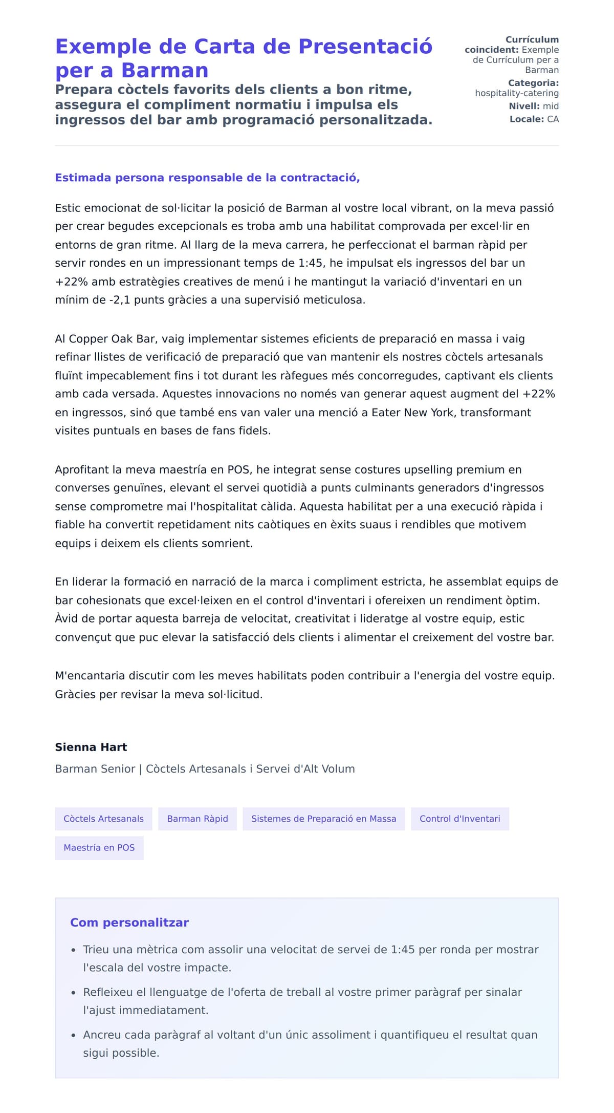Previsualització de la carta de presentació per a Exemple de Carta de Presentació per a Barman