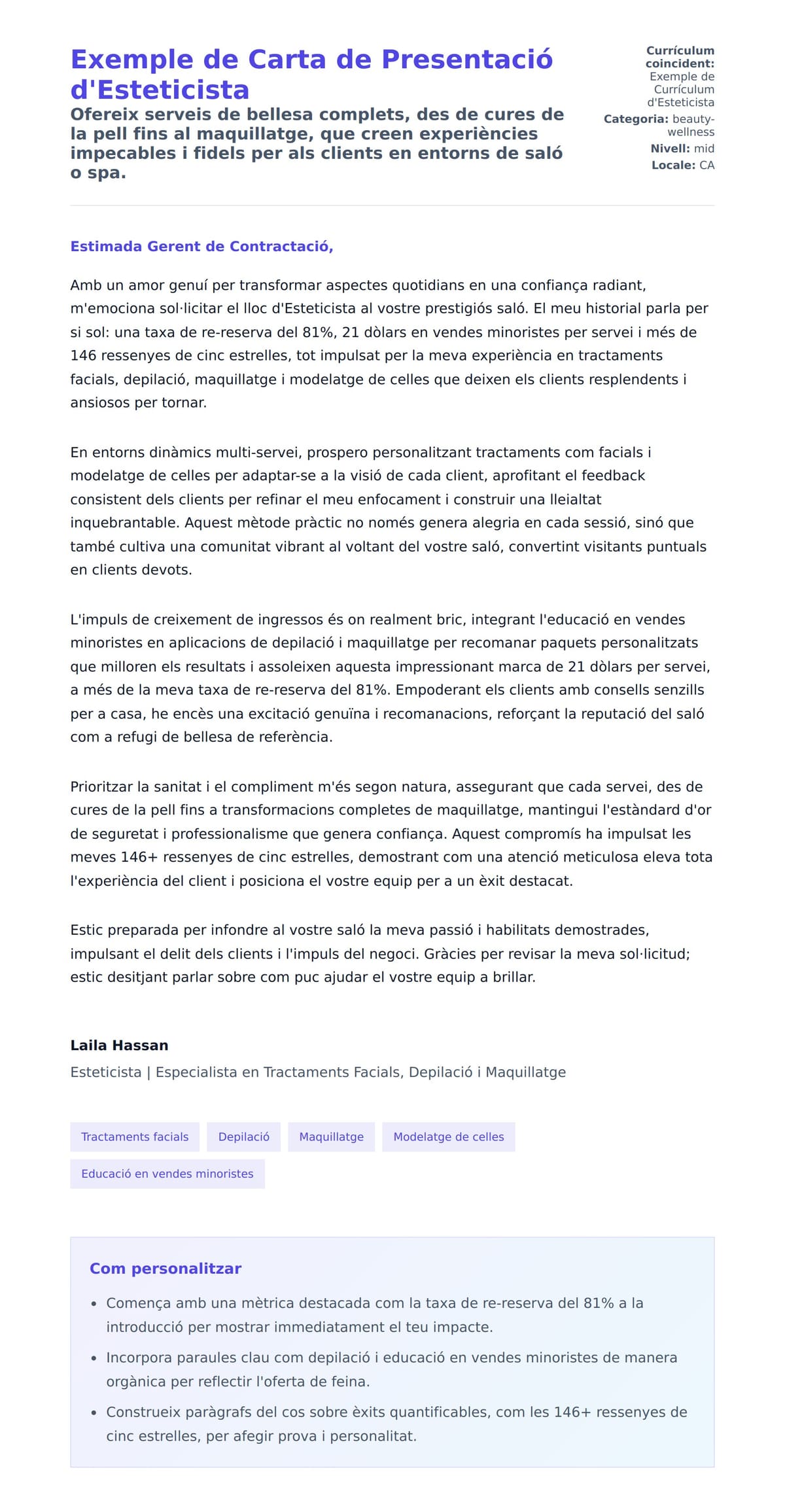 Previsualització de la carta de presentació per a Exemple de Carta de Presentació d'Esteticista