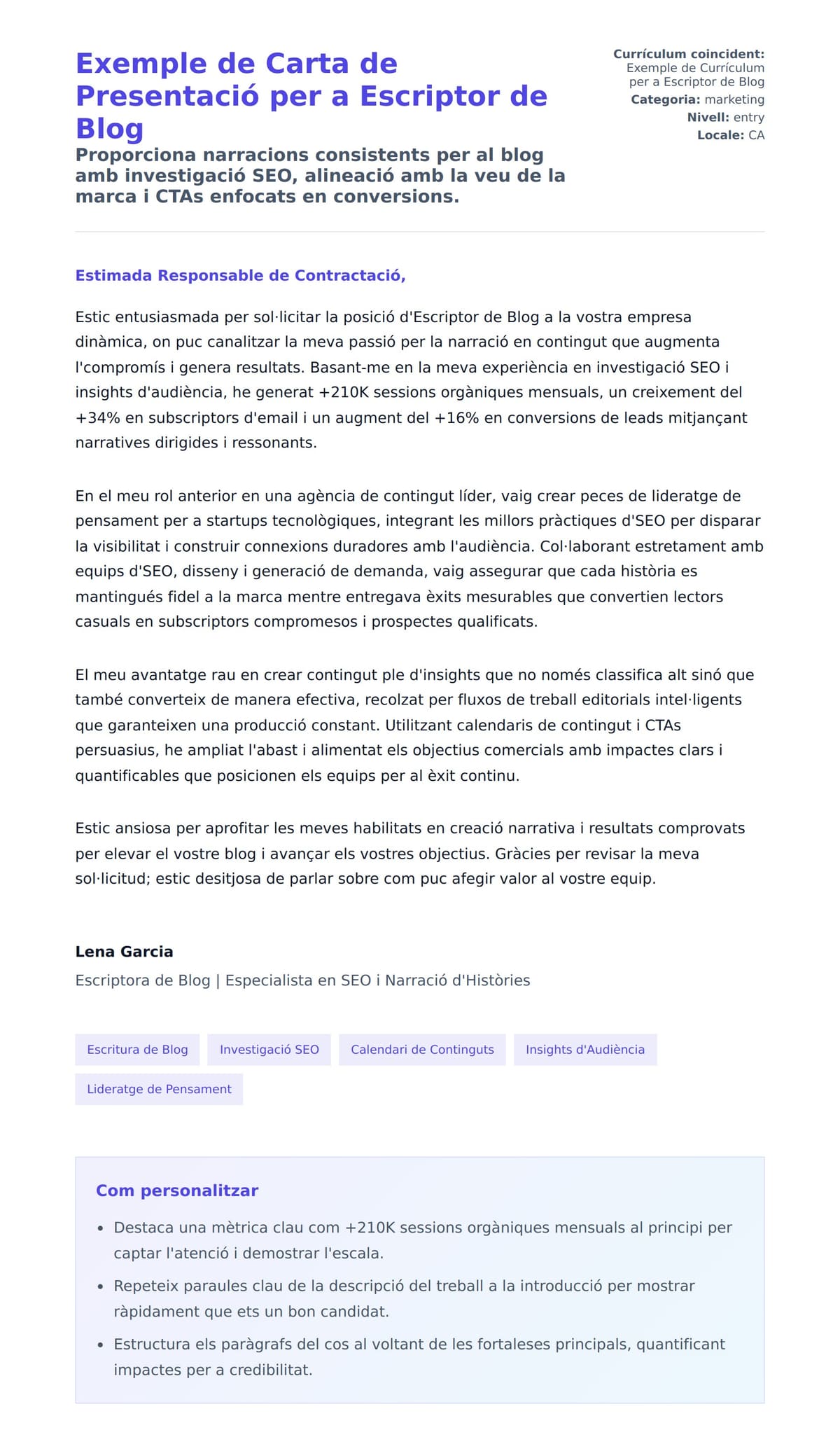 Previsualització de la carta de presentació per a Exemple de Carta de Presentació per a Escriptor de Blog