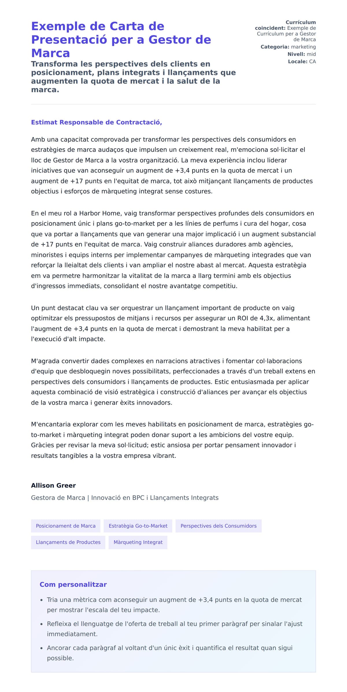 Previsualització de la carta de presentació per a Exemple de Carta de Presentació per a Gestor de Marca