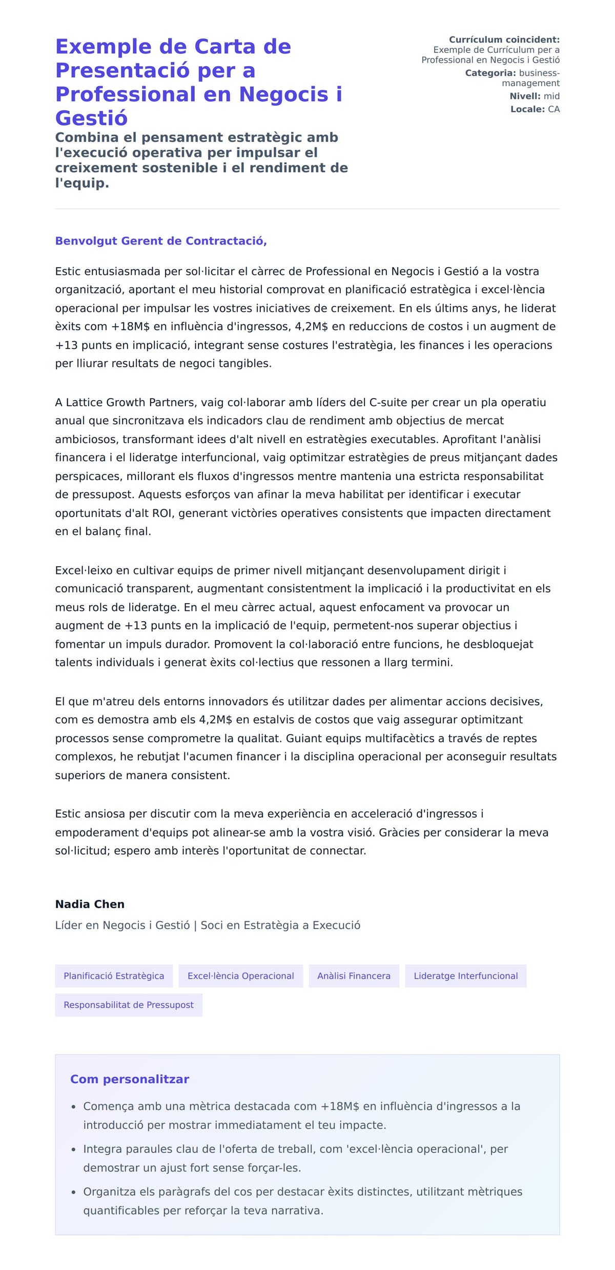 Previsualització de la carta de presentació per a Exemple de Carta de Presentació per a Professional en Negocis i Gestió
