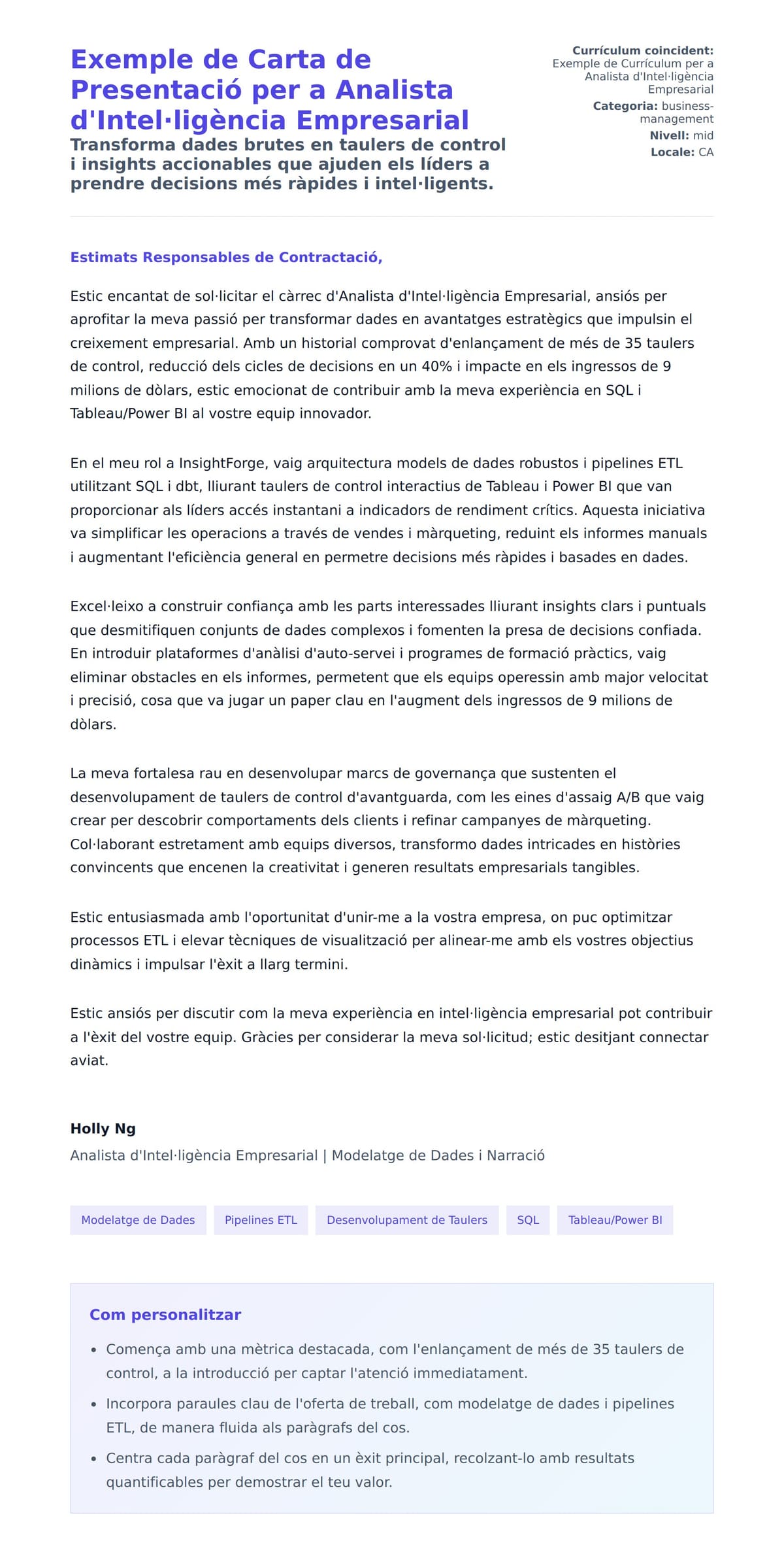 Previsualització de la carta de presentació per a Exemple de Carta de Presentació per a Analista d'Intel·ligència Empresarial