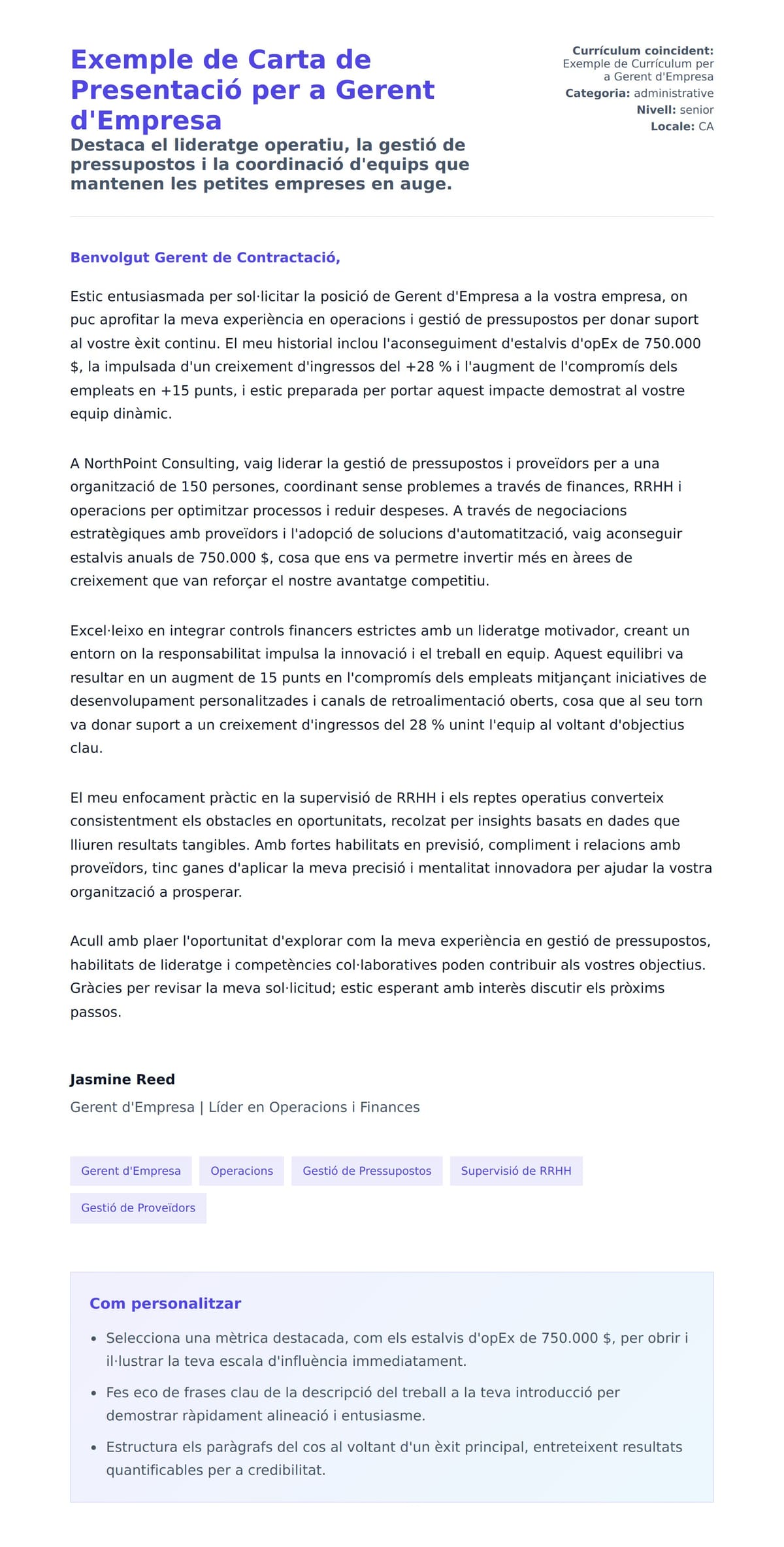 Previsualització de la carta de presentació per a Exemple de Carta de Presentació per a Gerent d'Empresa