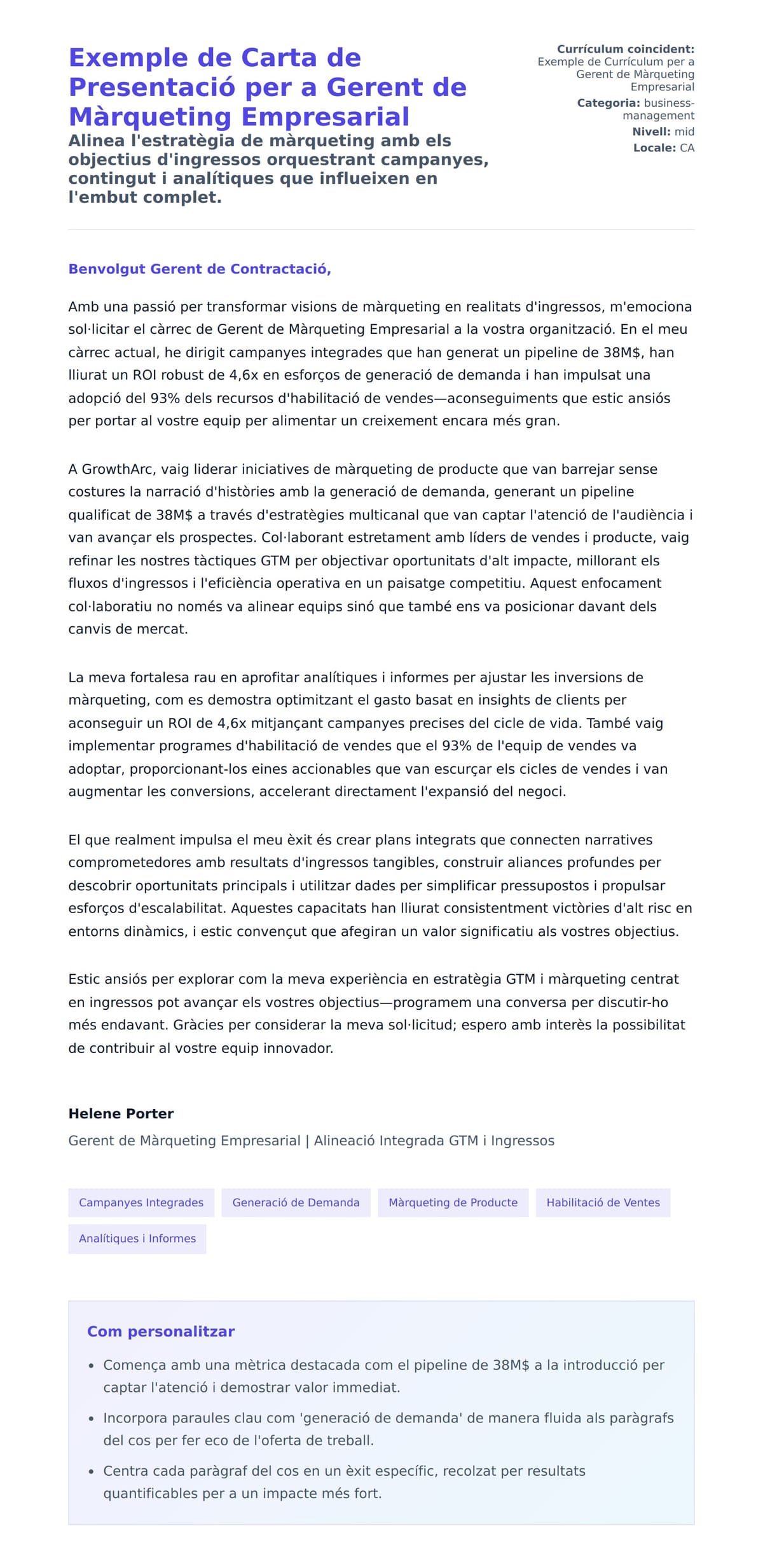 Previsualització de la carta de presentació per a Exemple de Carta de Presentació per a Gerent de Màrqueting Empresarial